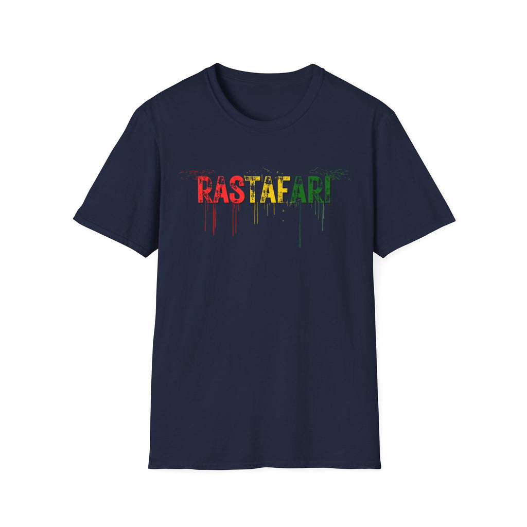 Navy blue t-shirt with 'FASTAFARI' text in multicolor on a white background
