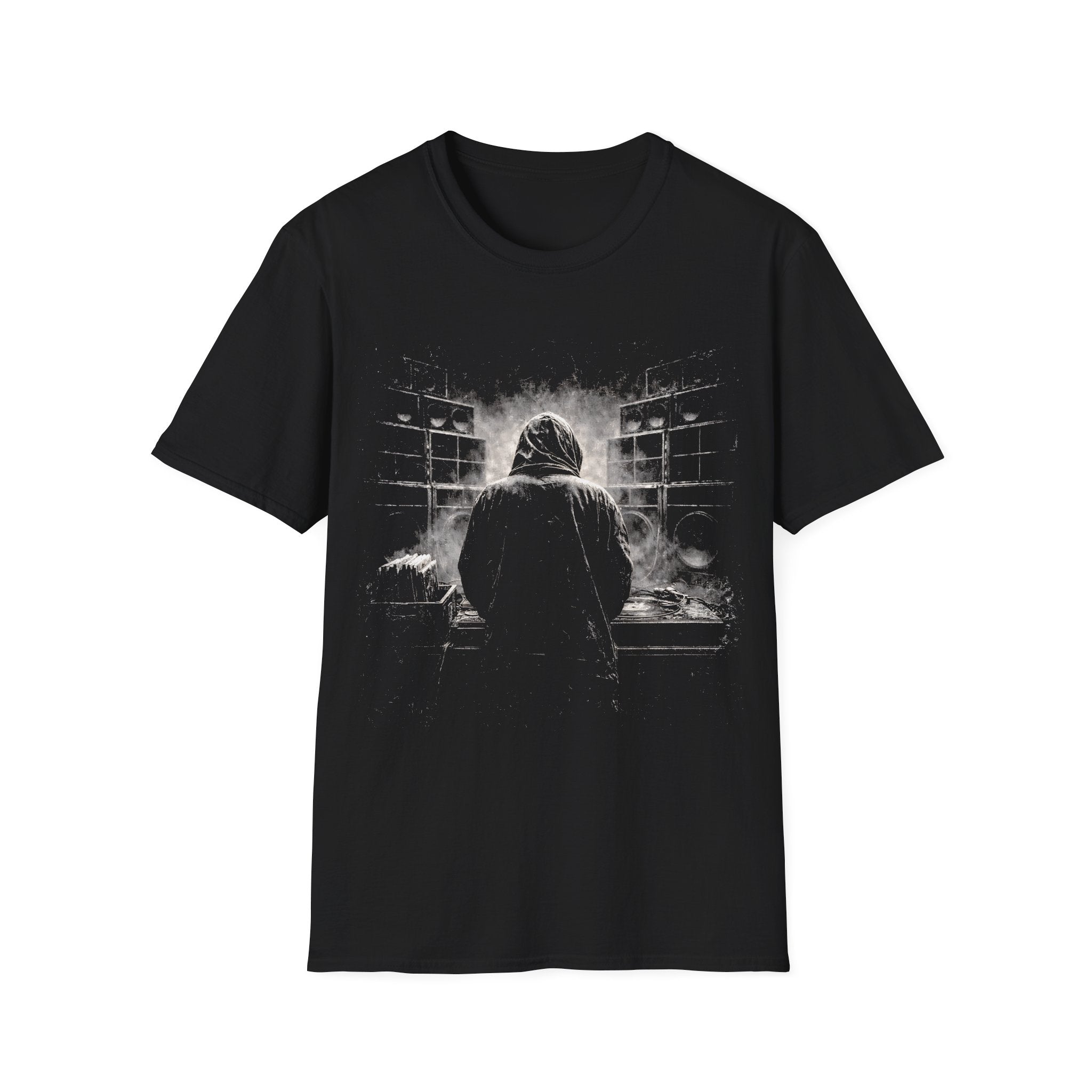 Reggae sound system DJ T-shirt with smoky black-and-white artwork on a black tee. A moody music graphic tee for reggae, dub, dancehall, and bass culture fans.
