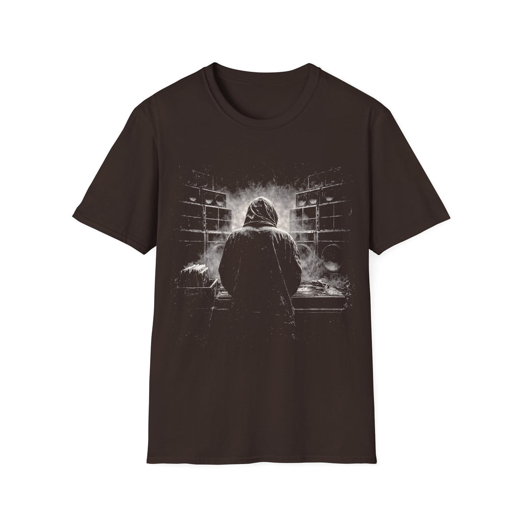 Reggae sound system DJ T-shirt with smoky black-and-white artwork on a brown tee. A moody music graphic tee for reggae, dub, dancehall, and bass culture fans.