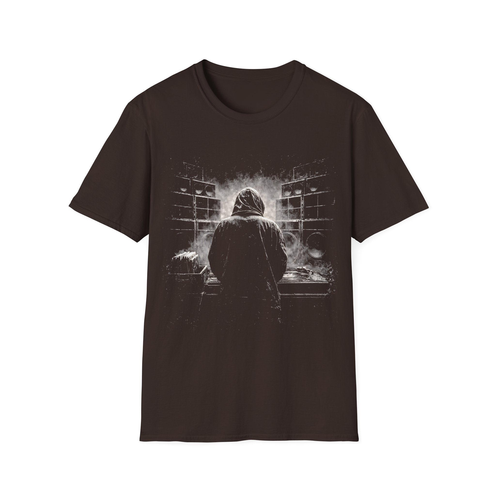 Reggae sound system DJ T-shirt with smoky black-and-white artwork on a brown tee. A moody music graphic tee for reggae, dub, dancehall, and bass culture fans.