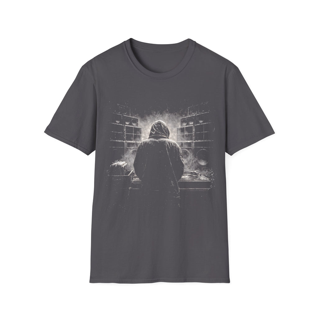 Reggae sound system DJ T-shirt with smoky black-and-white artwork on a charcoal tee. A moody music graphic tee for reggae, dub, dancehall, and bass culture fans.