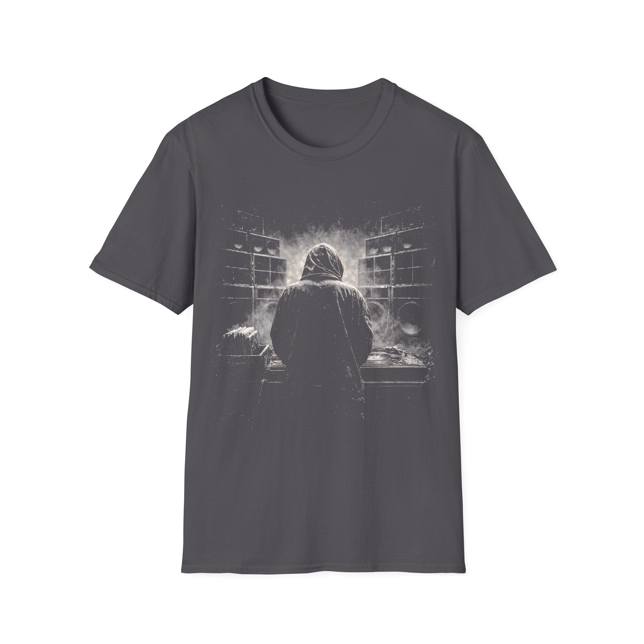 Reggae sound system DJ T-shirt with smoky black-and-white artwork on a charcoal tee. A moody music graphic tee for reggae, dub, dancehall, and bass culture fans.
