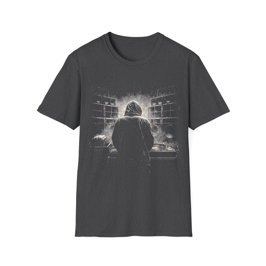 Reggae sound system DJ T-shirt with smoky black-and-white artwork on a dark heather grey tee. A moody music graphic tee for reggae, dub, dancehall, and bass culture fans.