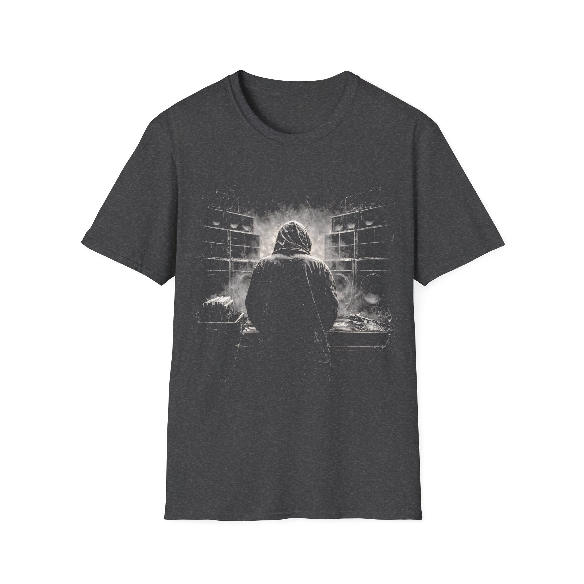 Reggae sound system DJ T-shirt with smoky black-and-white artwork on a dark heather grey tee. A moody music graphic tee for reggae, dub, dancehall, and bass culture fans.