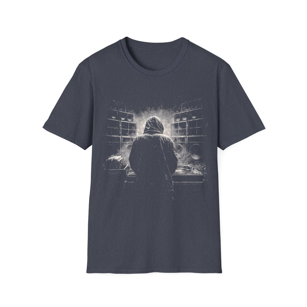 Reggae sound system DJ T-shirt with smoky black-and-white artwork on a heather navy tee. A moody music graphic tee for reggae, dub, dancehall, and bass culture fans.