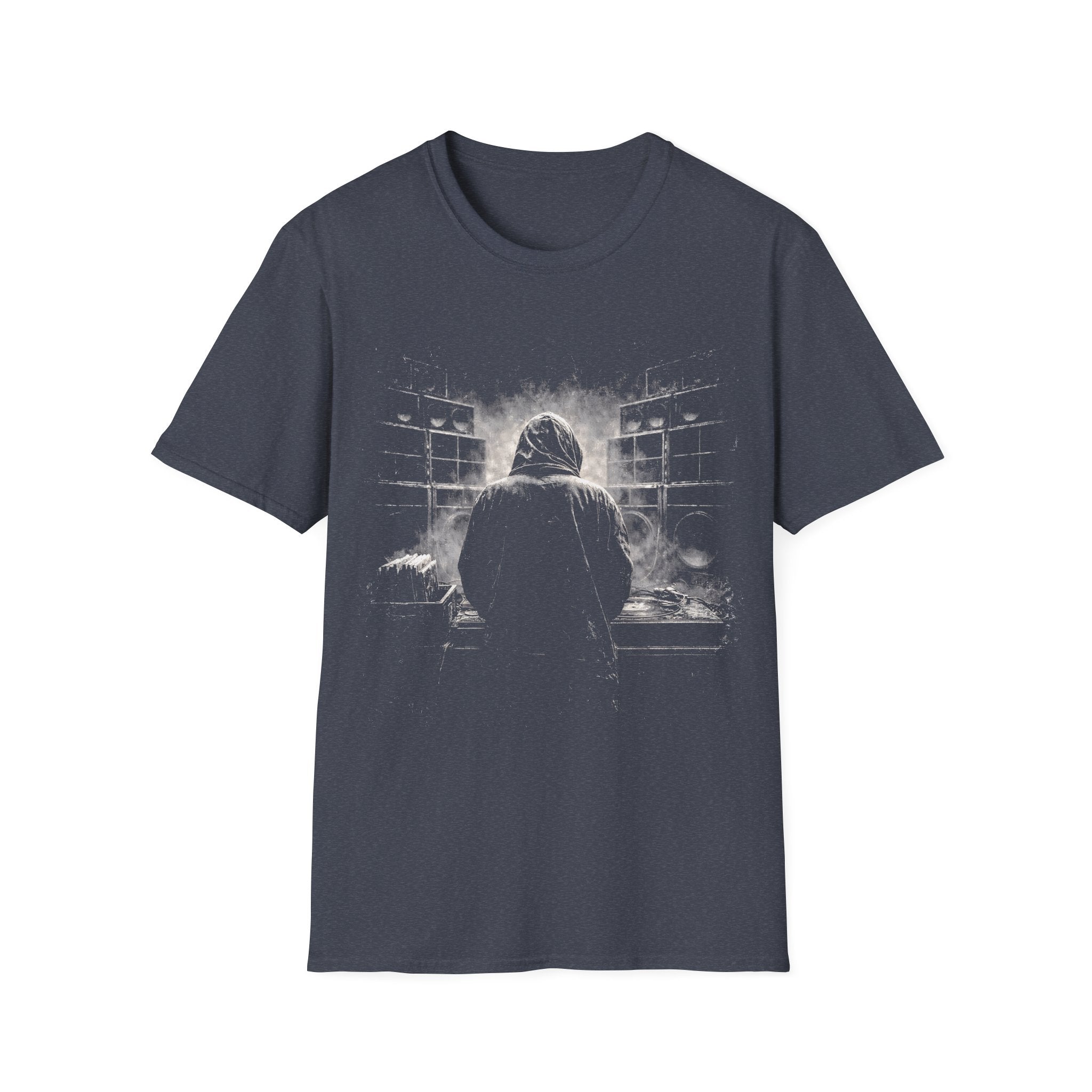 Reggae sound system DJ T-shirt with smoky black-and-white artwork on a heather navy tee. A moody music graphic tee for reggae, dub, dancehall, and bass culture fans.