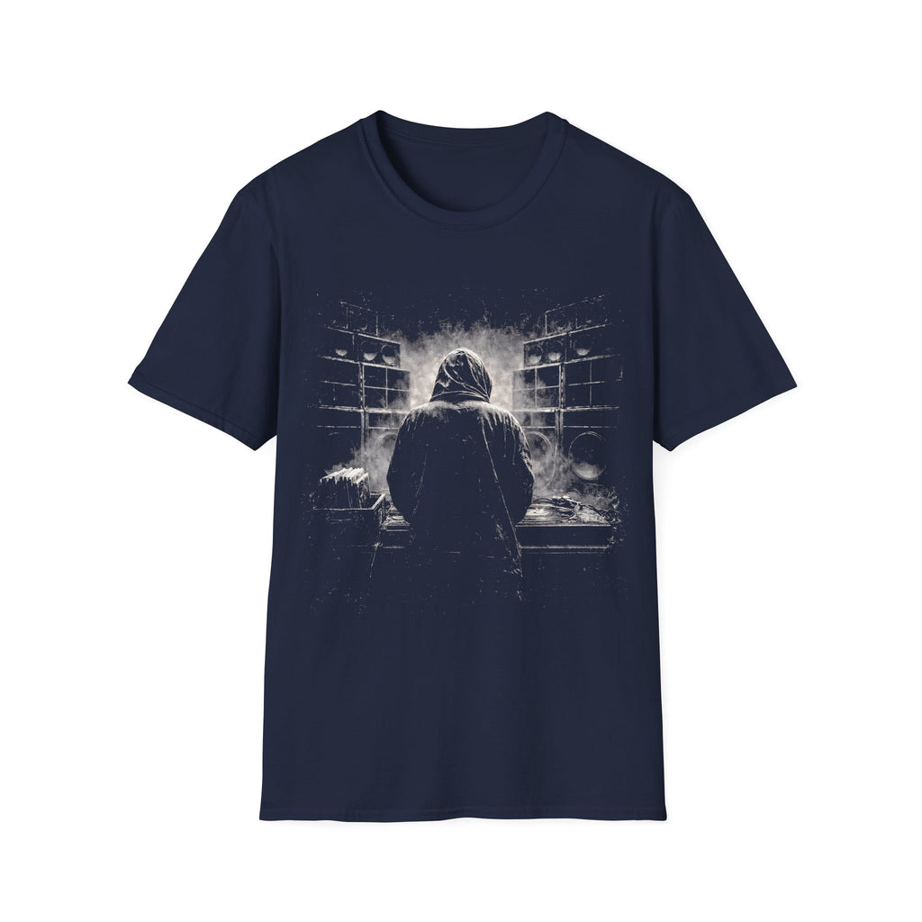Reggae sound system DJ T-shirt with smoky black-and-white artwork on a navy blue tee. A moody music graphic tee for reggae, dub, dancehall, and bass culture fans.