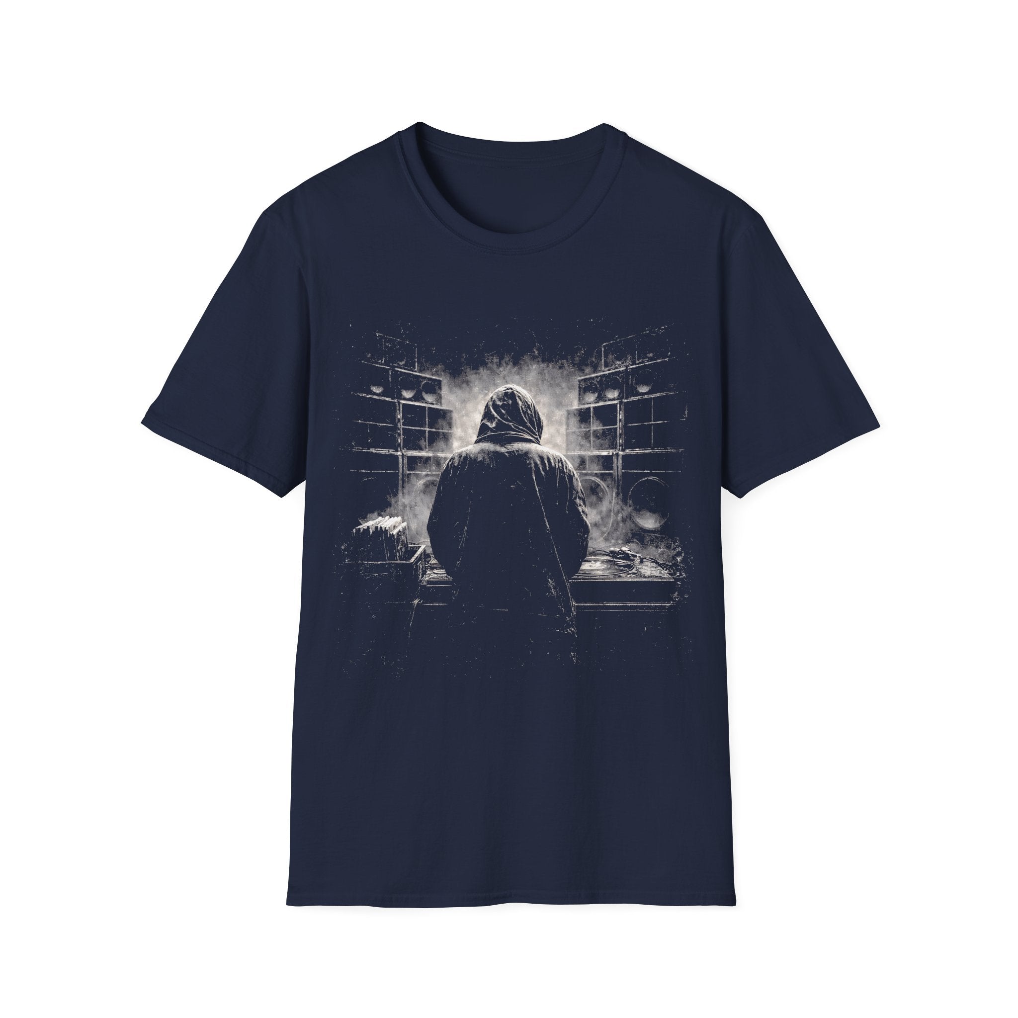 Reggae sound system DJ T-shirt with smoky black-and-white artwork on a navy blue tee. A moody music graphic tee for reggae, dub, dancehall, and bass culture fans.