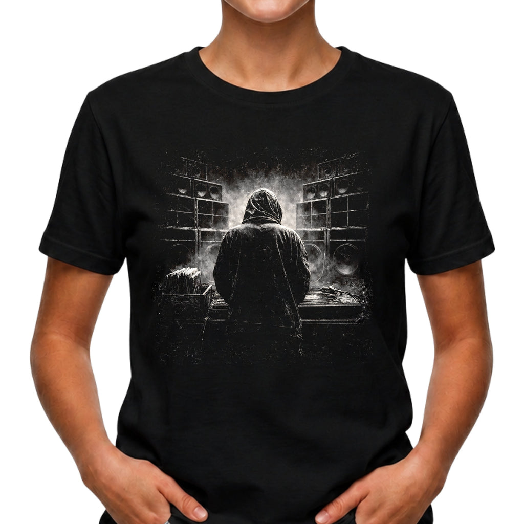 Reggae sound system DJ T-shirt with smoky black-and-white artwork on a black tee. A moody music graphic tee for reggae, dub, dancehall, and bass culture fans.