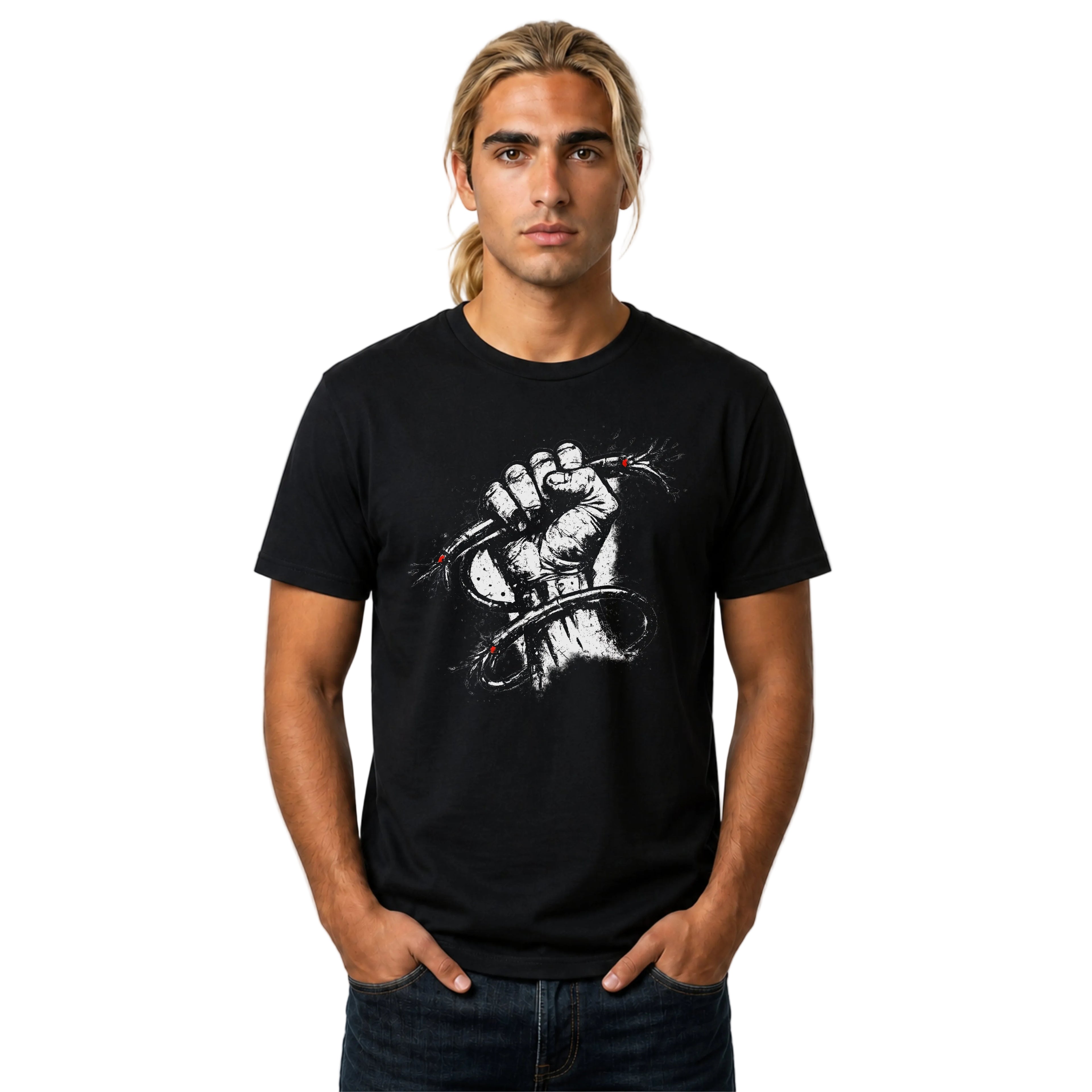 Bold distressed protest graphic tee featuring a clenched fist and barbed wire design. A gritty statement T-shirt for punk, grunge, streetwear, and activist-inspired style.