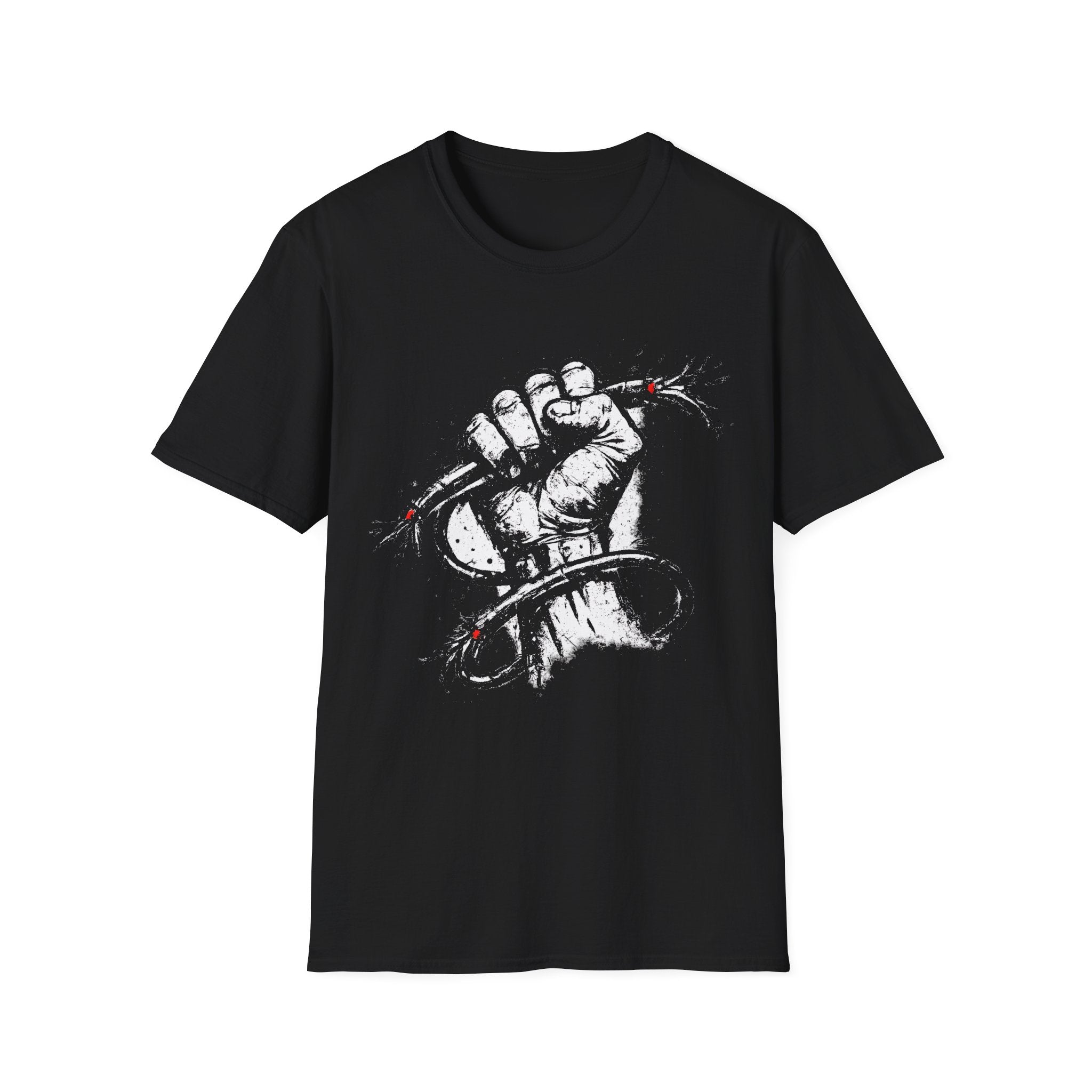 Black Gildan 64000 T-shirt with distressed clenched fist and barbed wire resistance protest graphic.