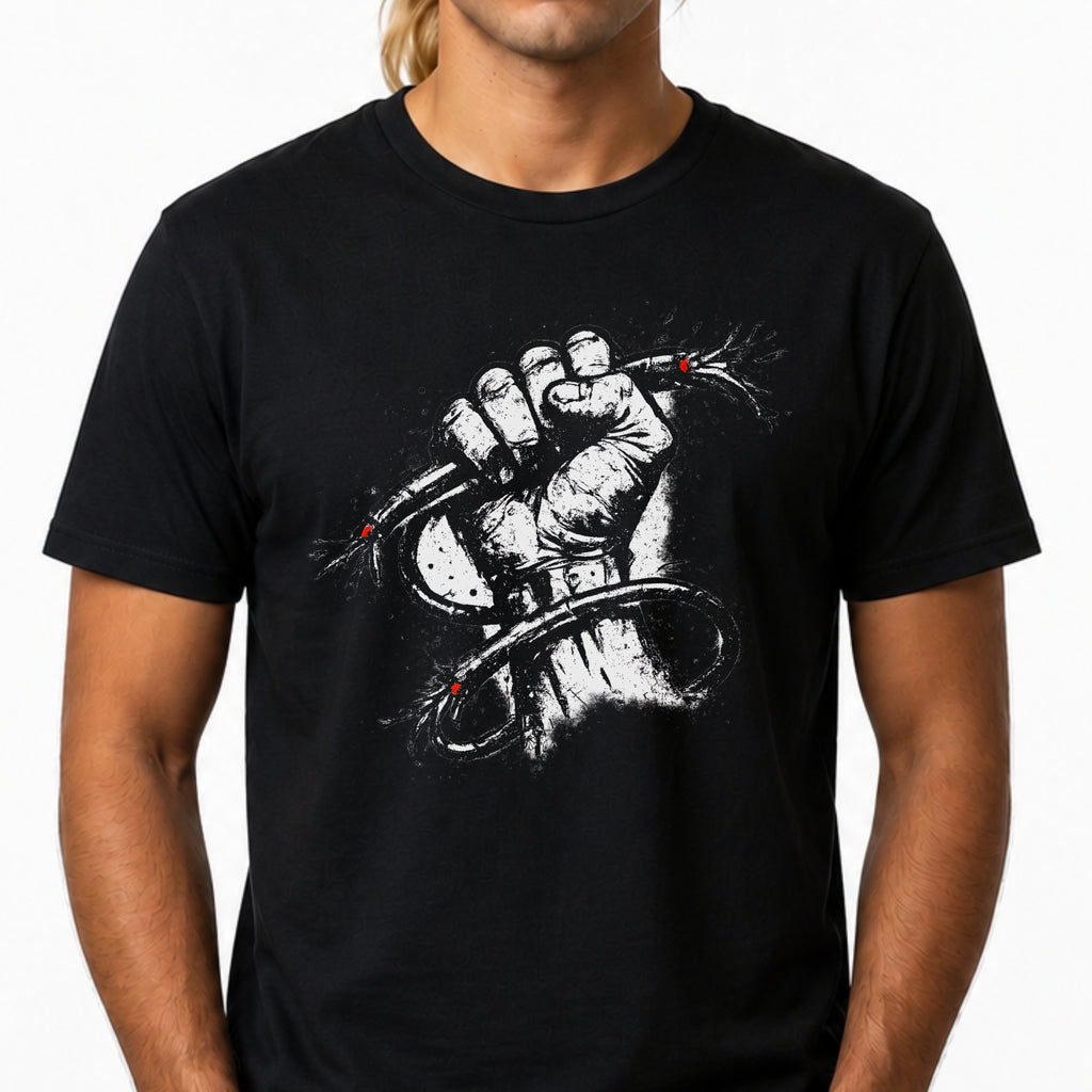Model wearing a black resistance protest tee with distressed clenched fist and barbed wire artwork.