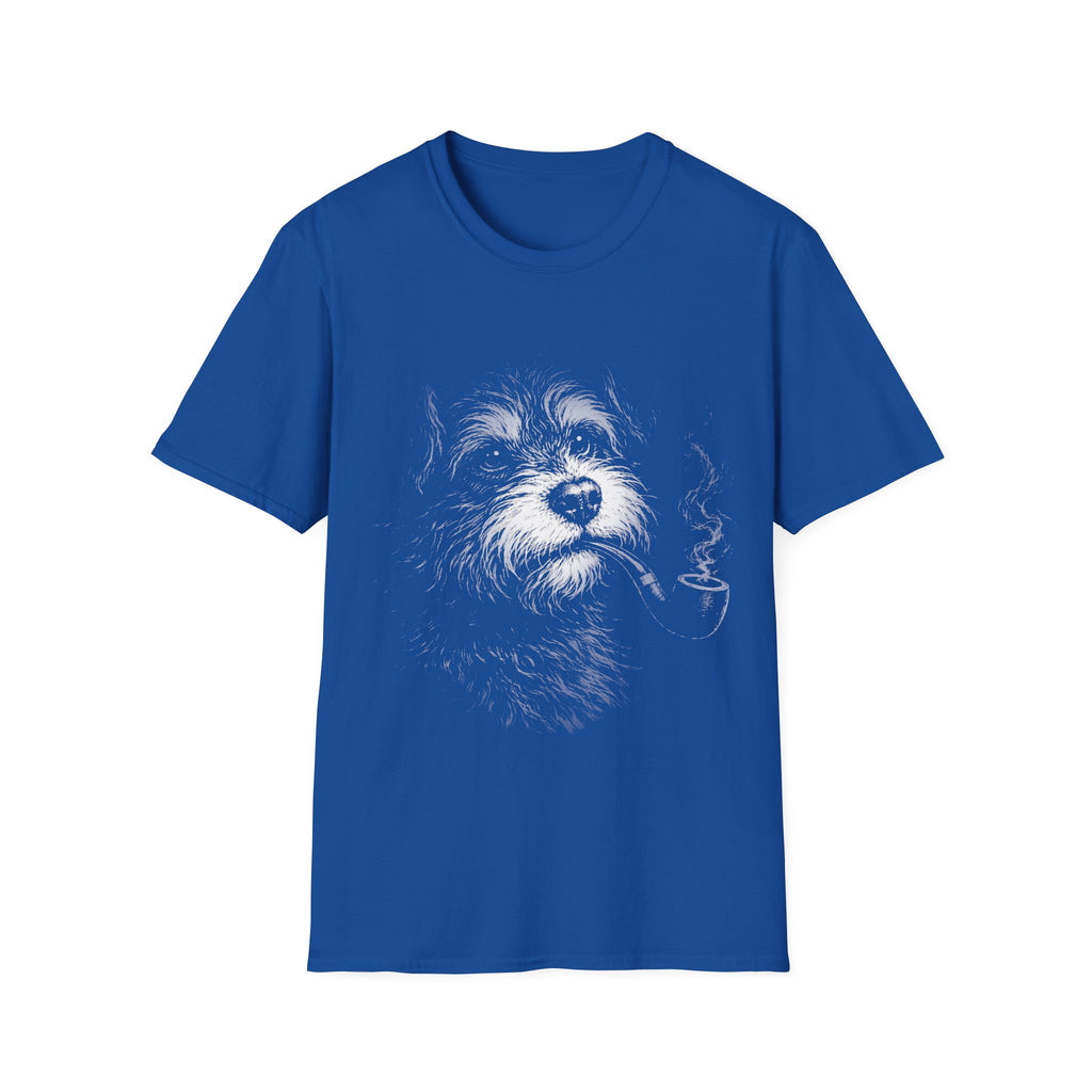 Royal Blue unisex T-shirt with smoky black-and-white scruffy dog portrait artwork.