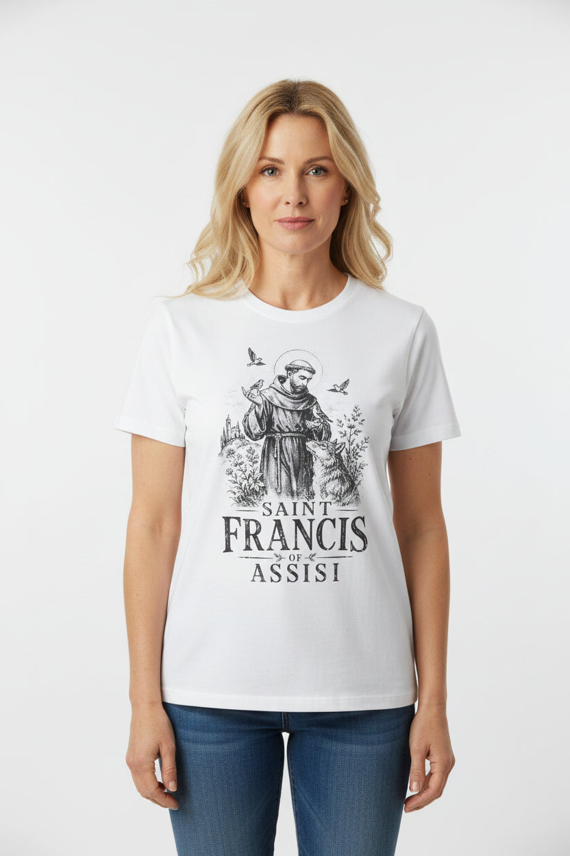 A white short-sleeve crewneck t-shirt laid flat on a rustic dark wood background. The shirt features a black ink-style graphic of Saint Francis of Assisi with a wolf and birds, with the text 'SAINT FRANCIS OF ASSISI' printed below.