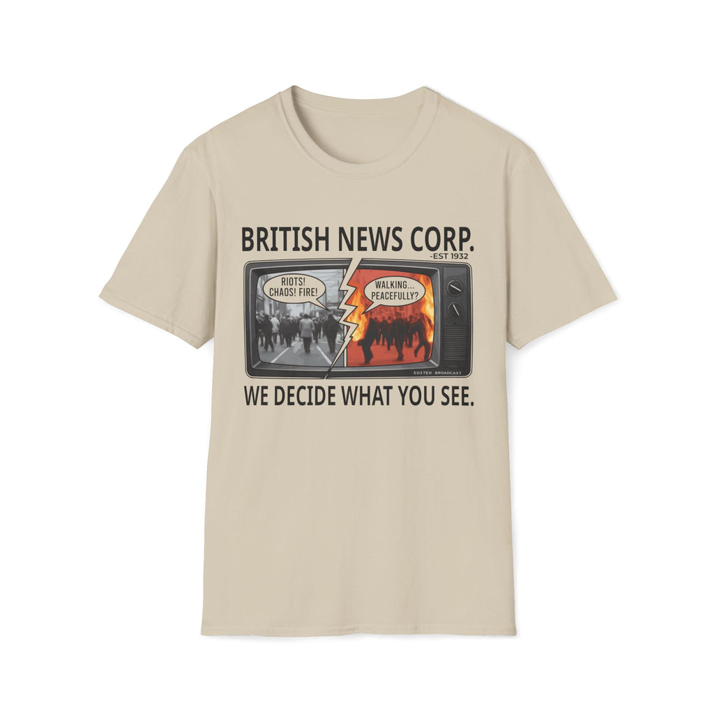 Sand colour T-shirt with British News Corp fake news parody design and retro television media satire graphic.