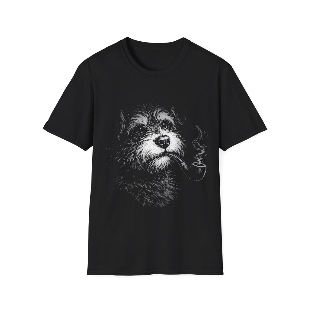 Black Gildan 64000 T-shirt with scruffy dog portrait graphic in smoky black-and-white artwork.