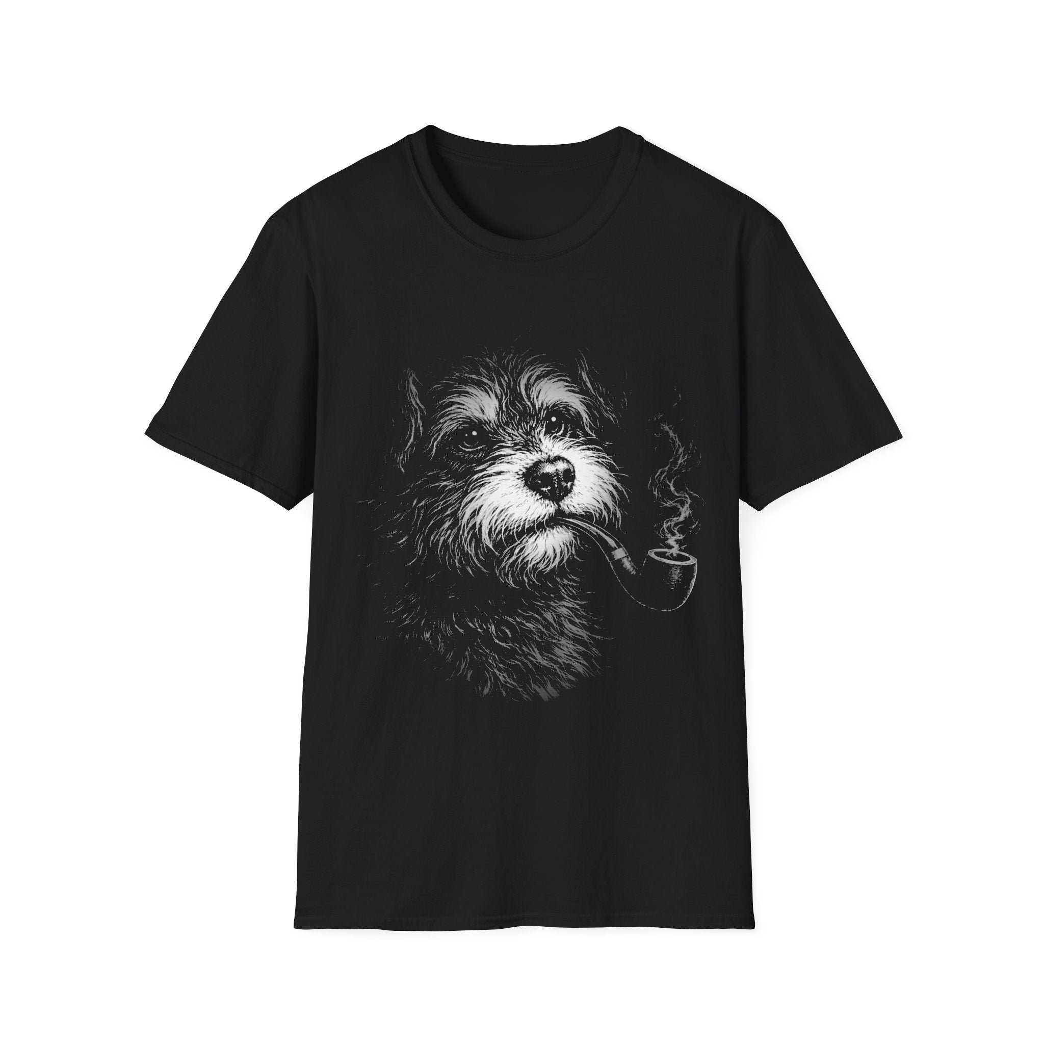 Black Gildan 64000 T-shirt with scruffy dog portrait graphic in smoky black-and-white artwork.