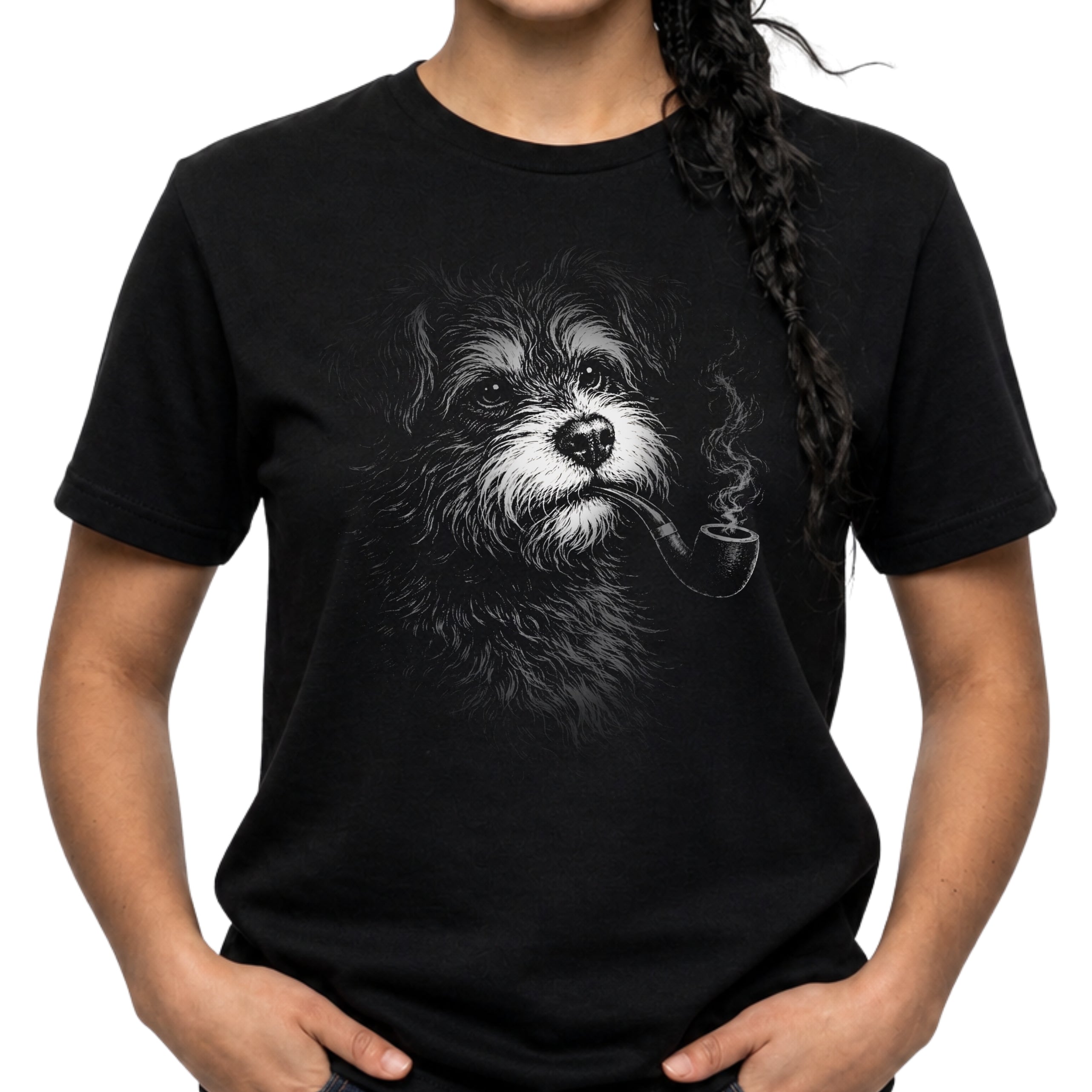 Model wearing a black scruffy dog portrait tee with moody black-and-white dog artwork.