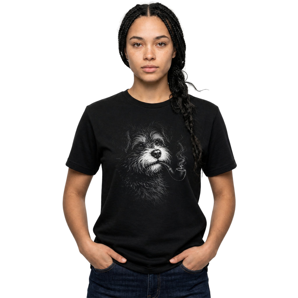Model wearing a black scruffy dog portrait tee with moody black-and-white dog artwork.