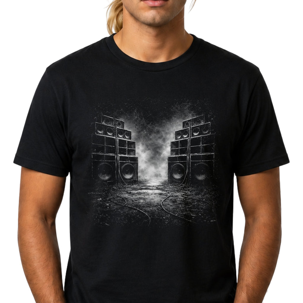Black sound system graphic T-shirt with smoky speaker stack artwork. A music tee for reggae, dancehall, dub, rave, festival, clubbing, and bass culture fans.