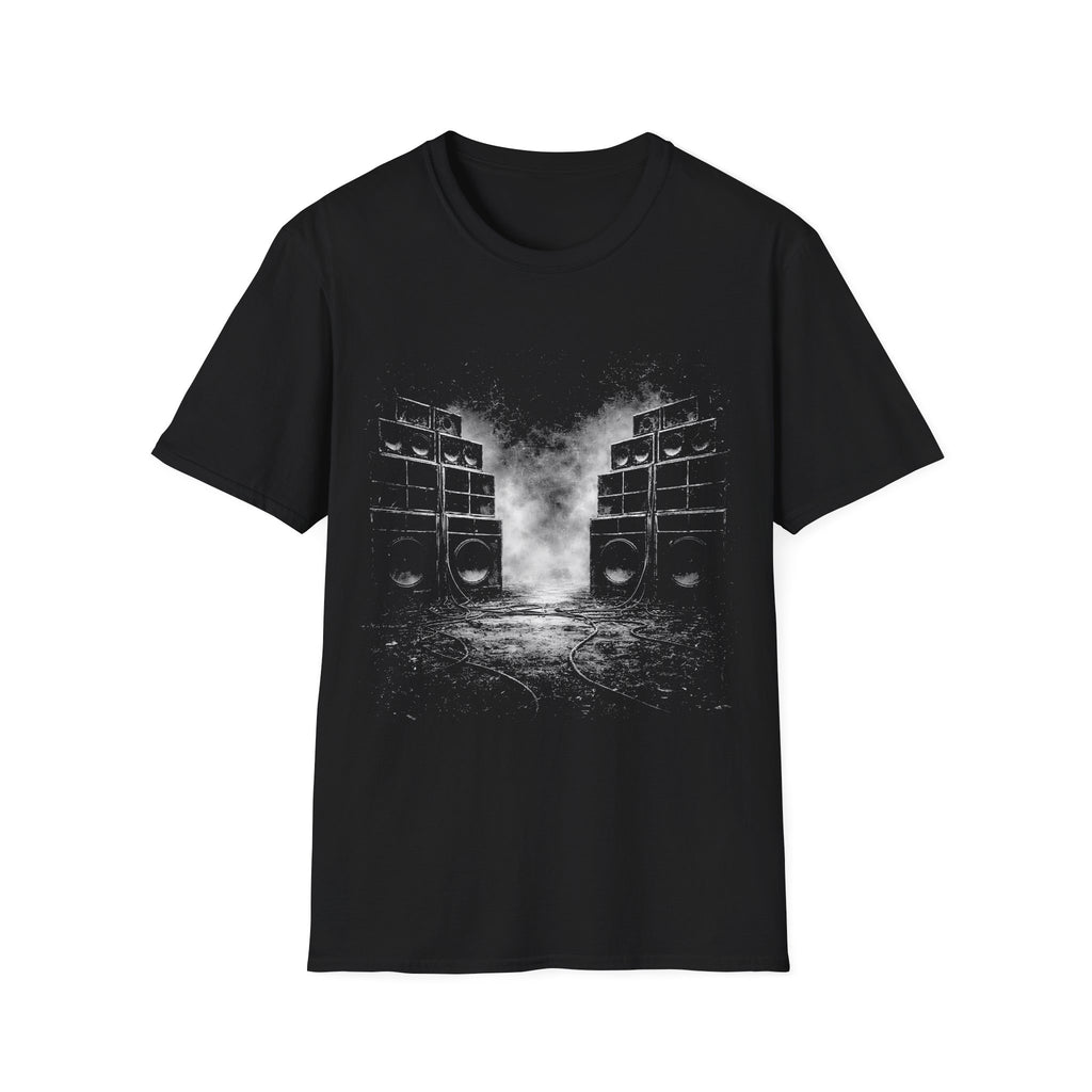 Black sound system graphic T-shirt with smoky speaker stack artwork. A music tee for reggae, dancehall, dub, rave, festival, clubbing, and bass culture fans.