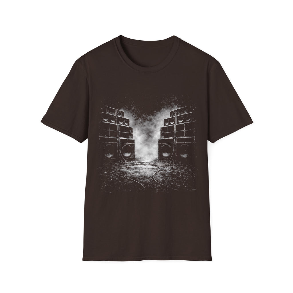 Black sound system graphic brown T-shirt with smoky speaker stack artwork. A music tee for reggae, dancehall, dub, rave, festival, clubbing, and bass culture fans.