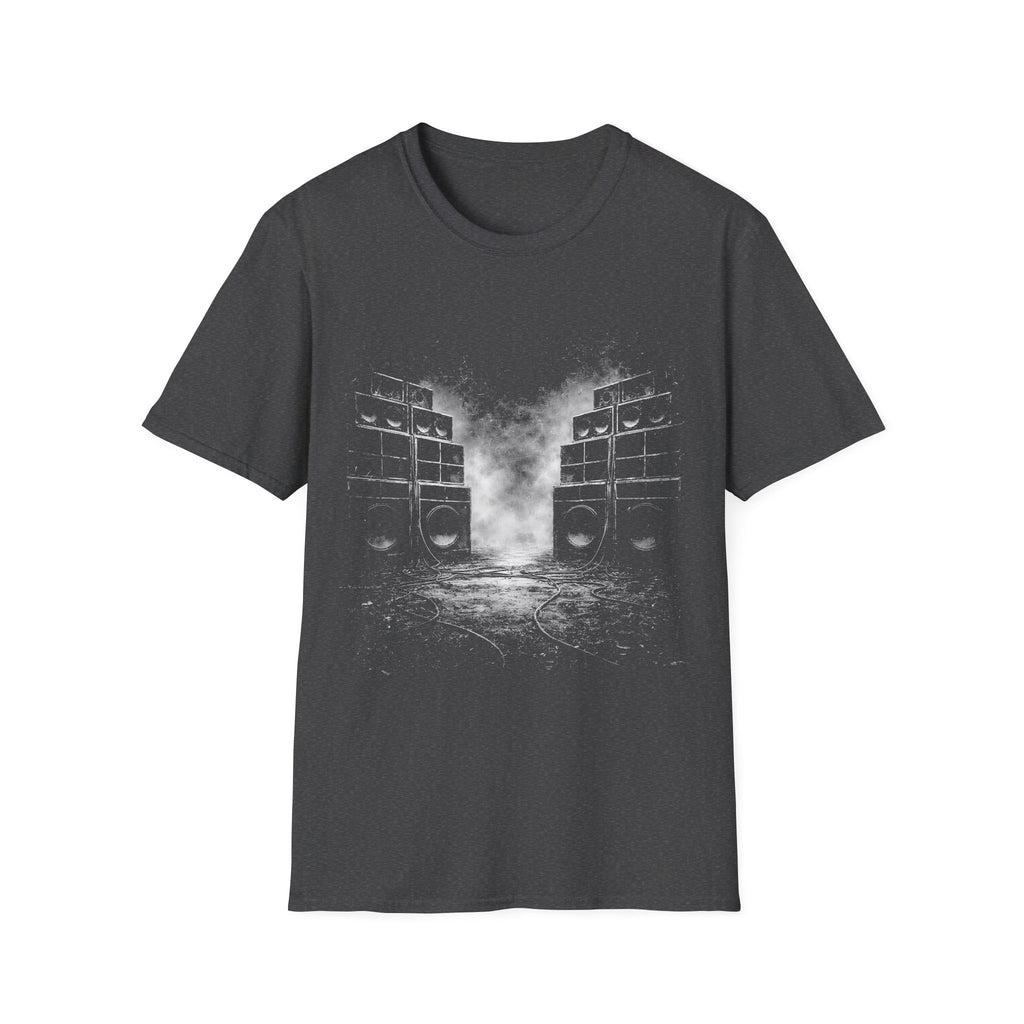 Black sound system graphic dark heather grey T-shirt with smoky speaker stack artwork. A music tee for reggae, dancehall, dub, rave, festival, clubbing, and bass culture fans.