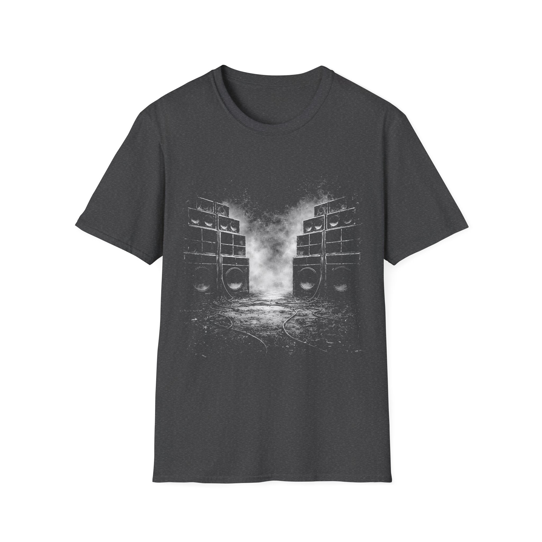 Black sound system graphic dark heather grey T-shirt with smoky speaker stack artwork. A music tee for reggae, dancehall, dub, rave, festival, clubbing, and bass culture fans.