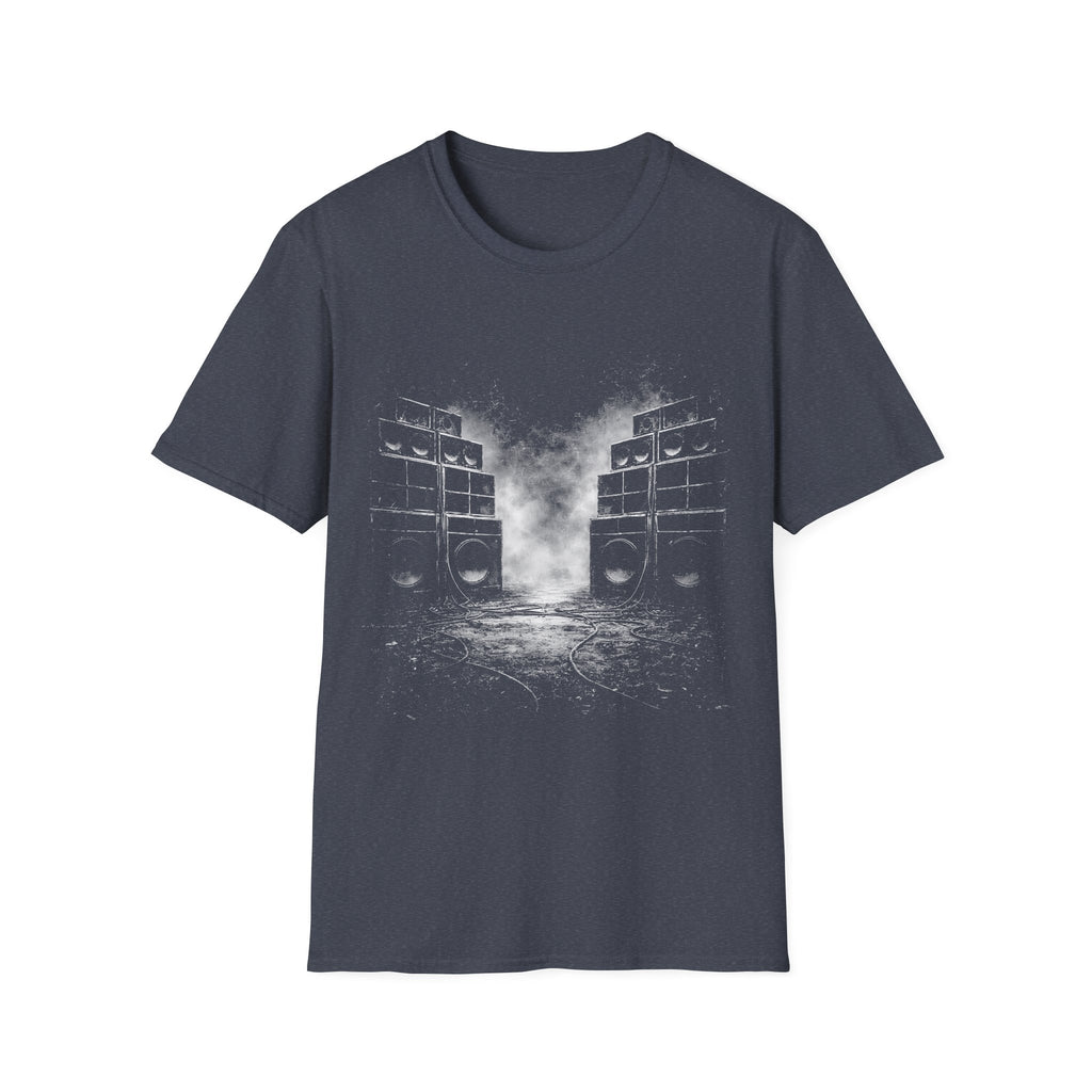 Black sound system graphic heather navy T-shirt with smoky speaker stack artwork. A music tee for reggae, dancehall, dub, rave, festival, clubbing, and bass culture fans.