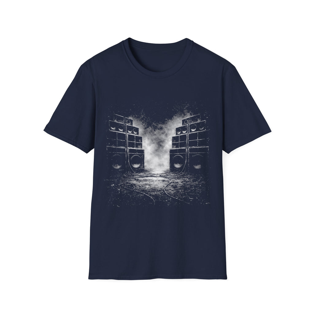 Black sound system graphic navy T-shirt with smoky speaker stack artwork. A music tee for reggae, dancehall, dub, rave, festival, clubbing, and bass culture fans.