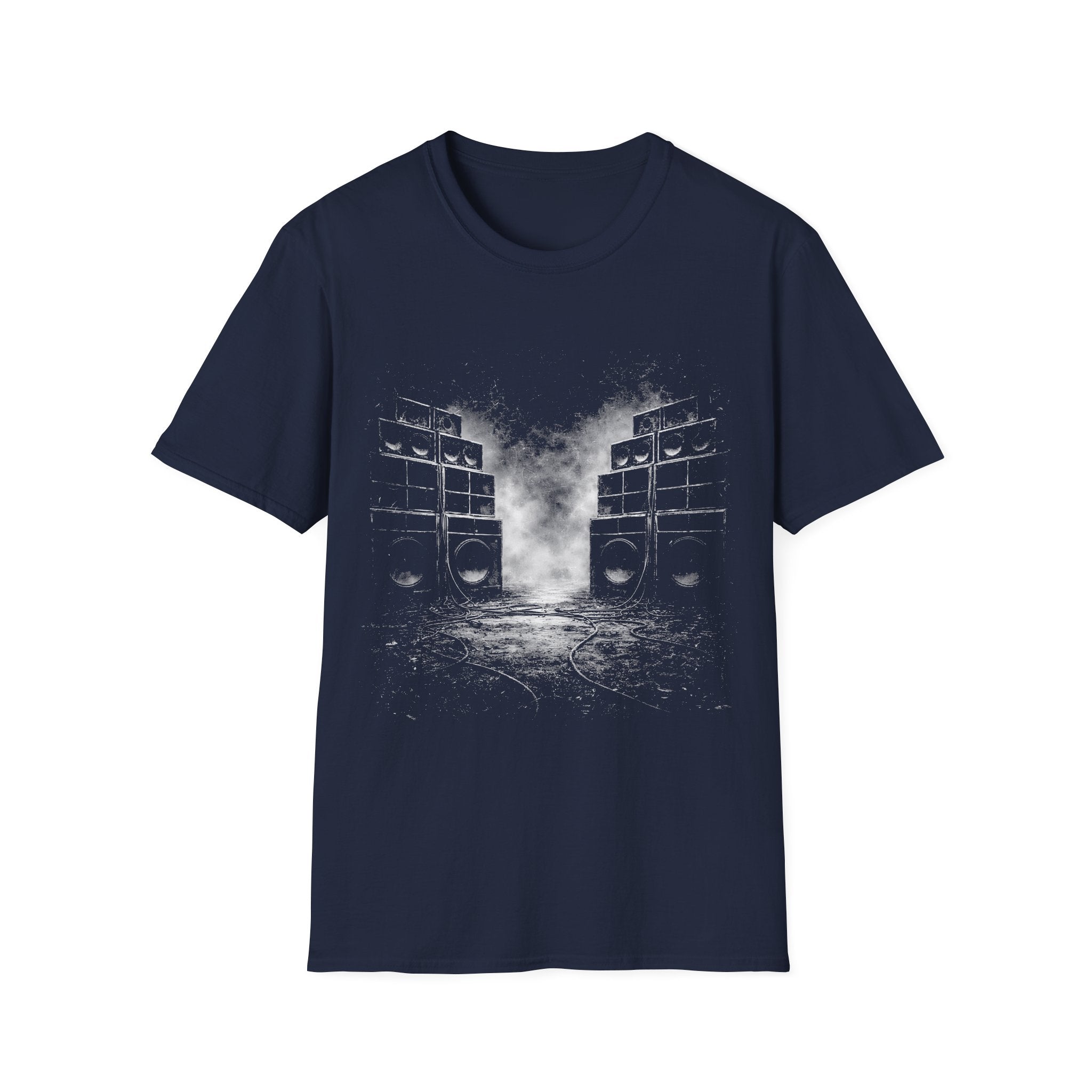 Black sound system graphic navy T-shirt with smoky speaker stack artwork. A music tee for reggae, dancehall, dub, rave, festival, clubbing, and bass culture fans.