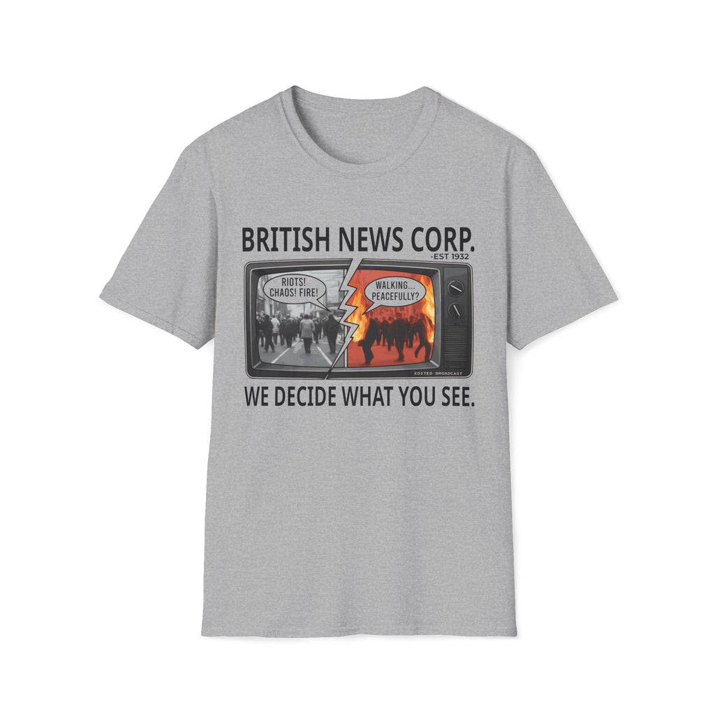 Sports Grey T-shirt featuring British News Corp media bias graphic with split-screen news satire artwork.
