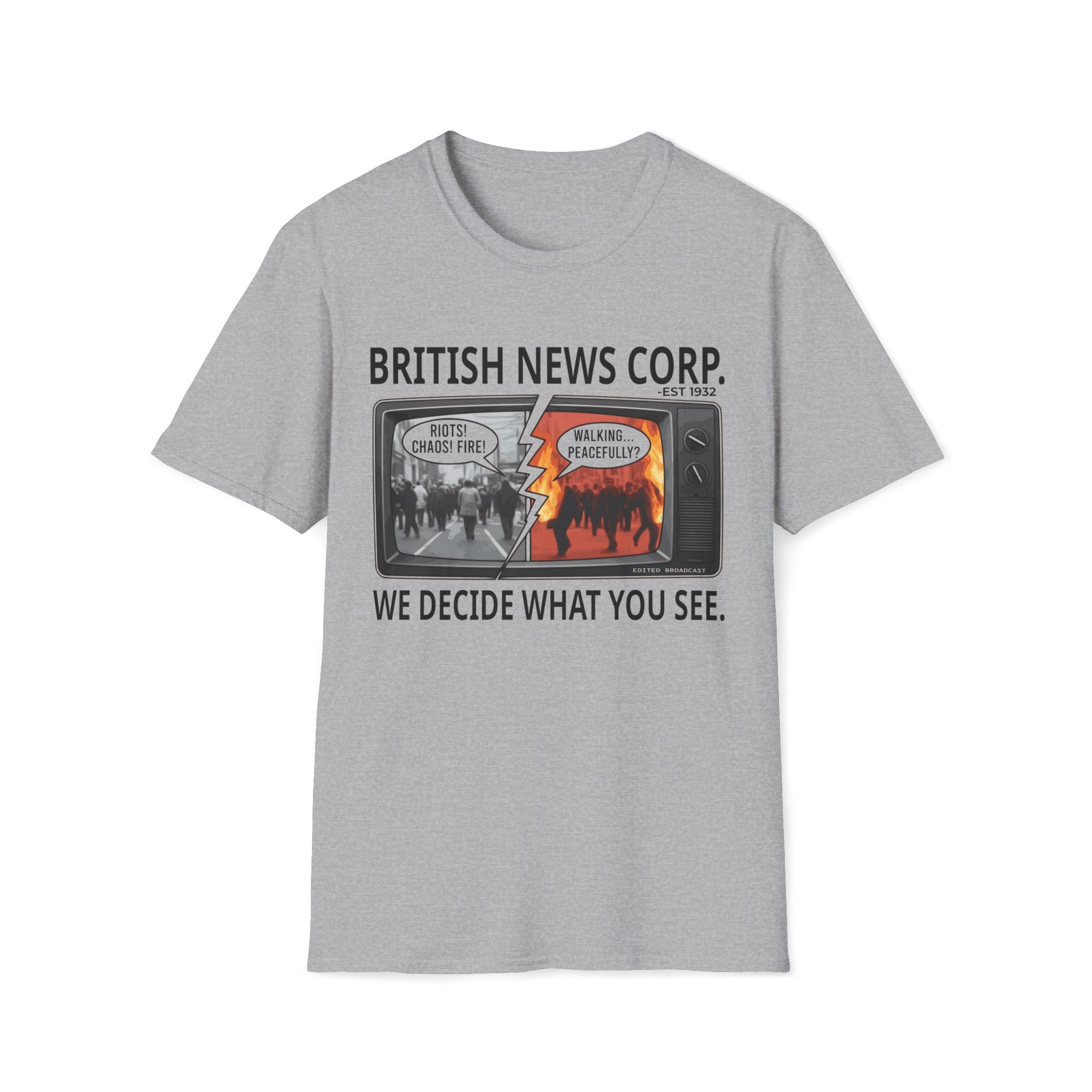 Sports Grey T-shirt featuring British News Corp media bias graphic with split-screen news satire artwork.
