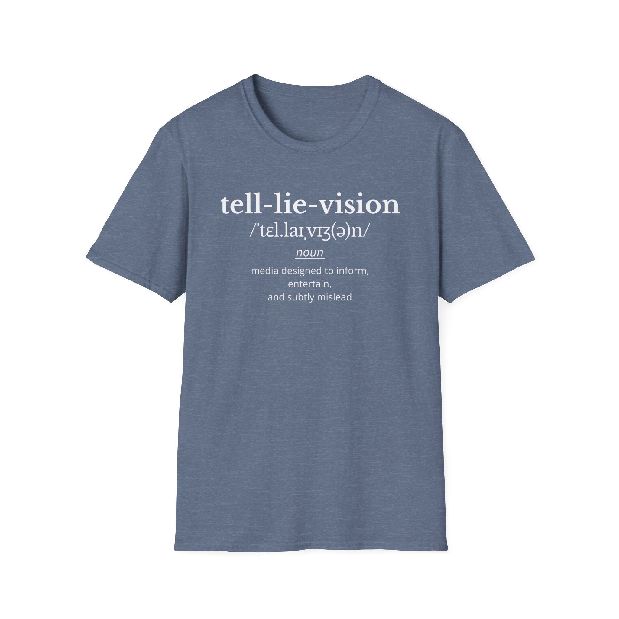 Minimalist heather indigo television, Tell Lie Vision T-shirt with dictionary-style wordplay and sharp media satire. A clean text-based graphic tee for thinkers and sceptics.