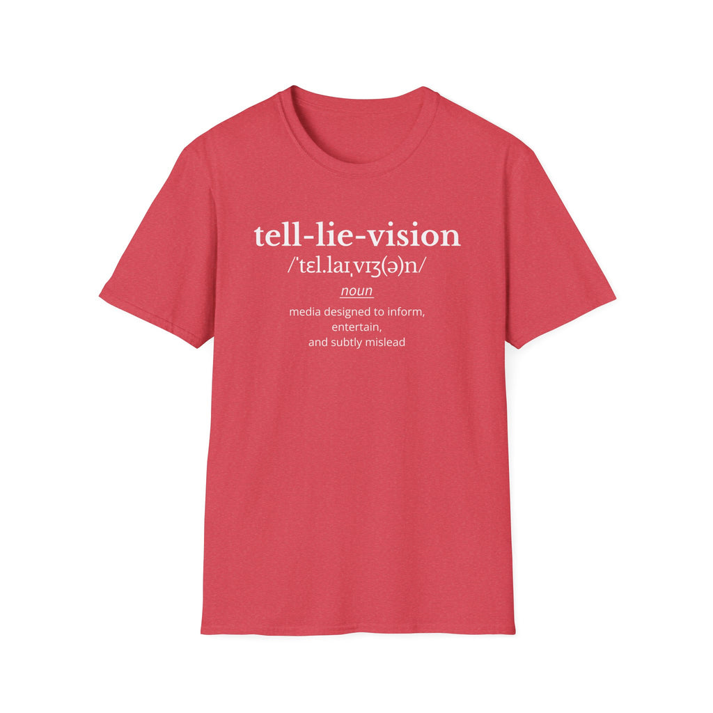 Minimalist heather red television, Tell Lie Vision T-shirt with dictionary-style wordplay and sharp media satire. A clean text-based graphic tee for thinkers and sceptics.