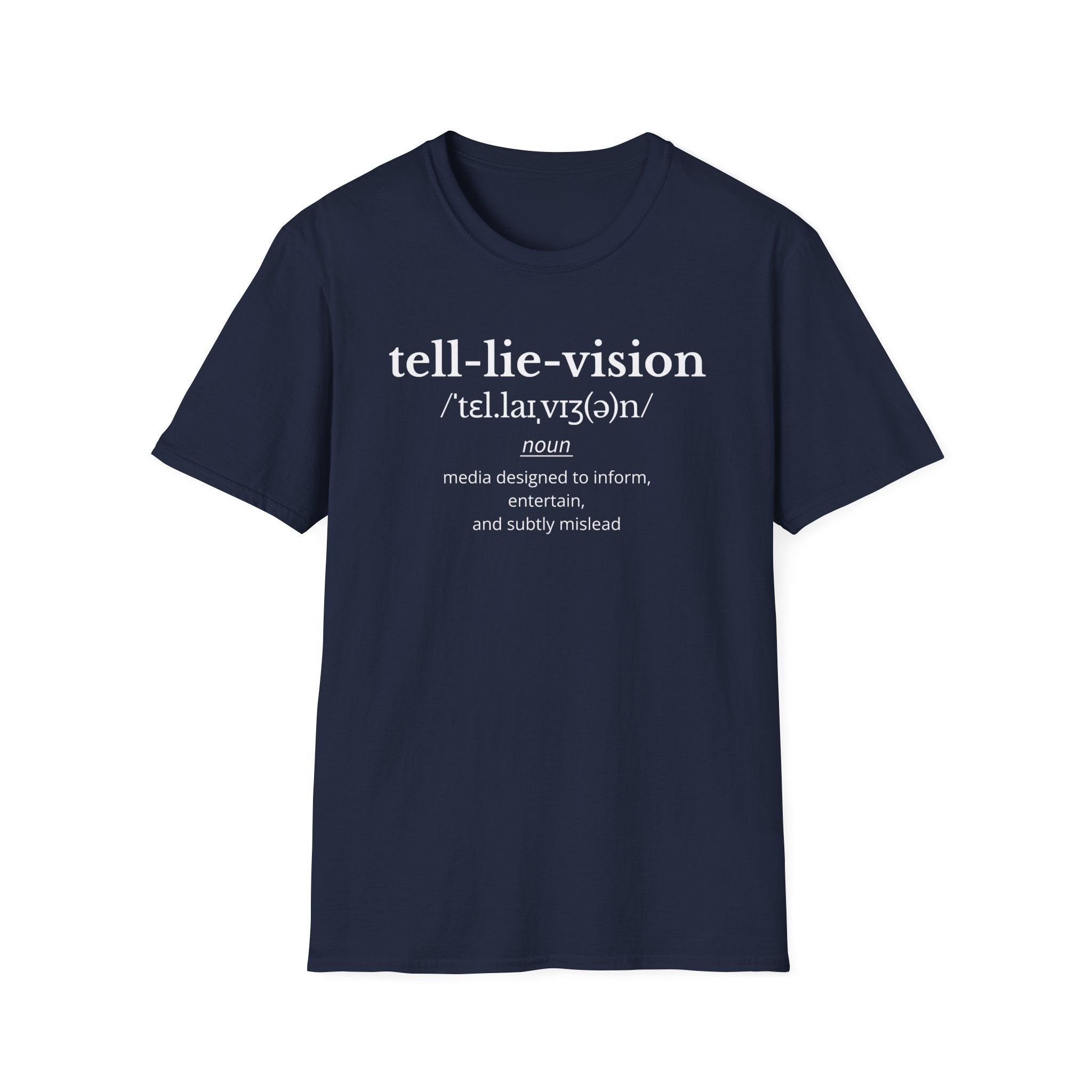 Minimalist navy blue television, Tell Lie Vision T-shirt with dictionary-style wordplay and sharp media satire. A clean text-based graphic tee for thinkers and sceptics.