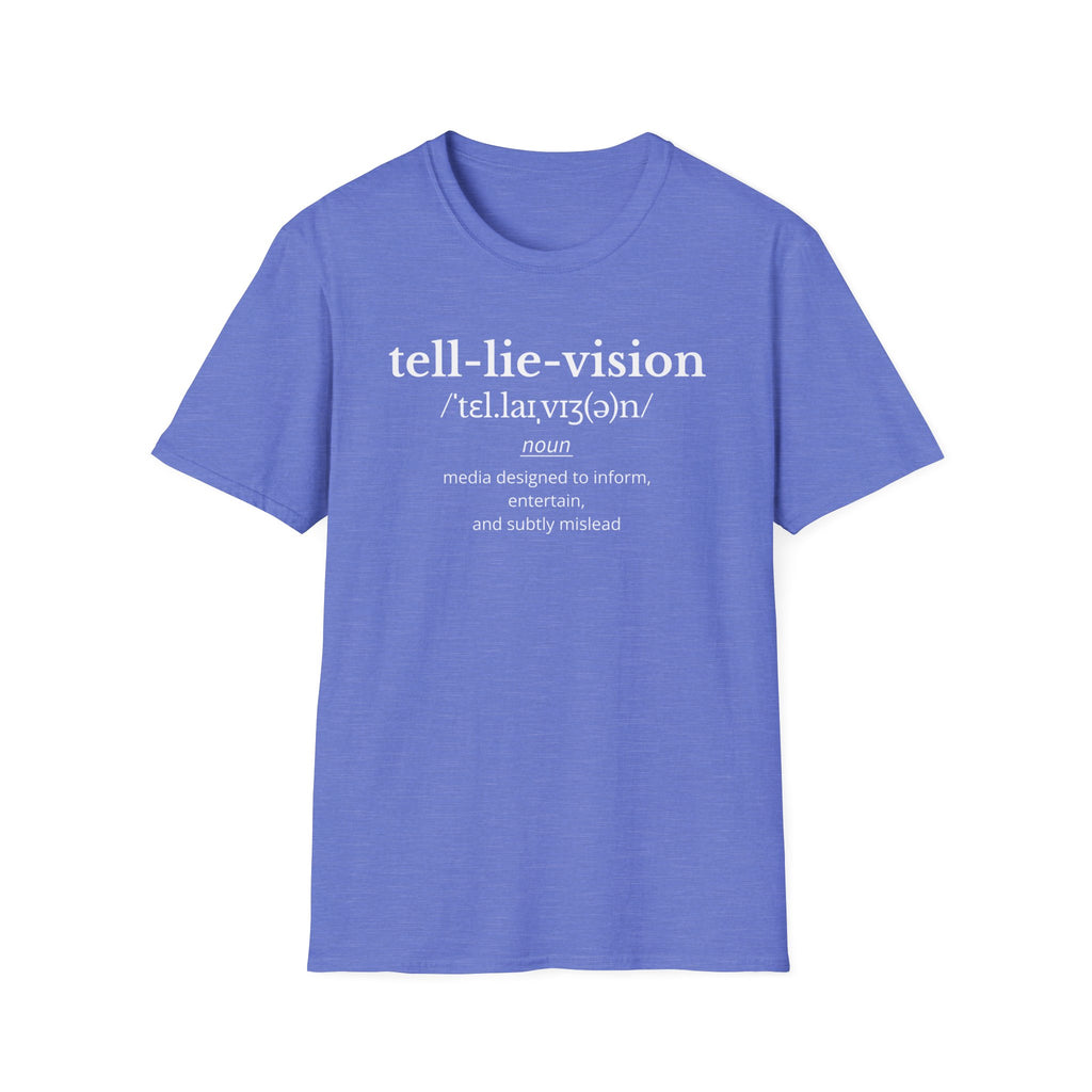 Minimalist heather royal television, Tell Lie Vision T-shirt with dictionary-style wordplay and sharp media satire. A clean text-based graphic tee for thinkers and sceptics.