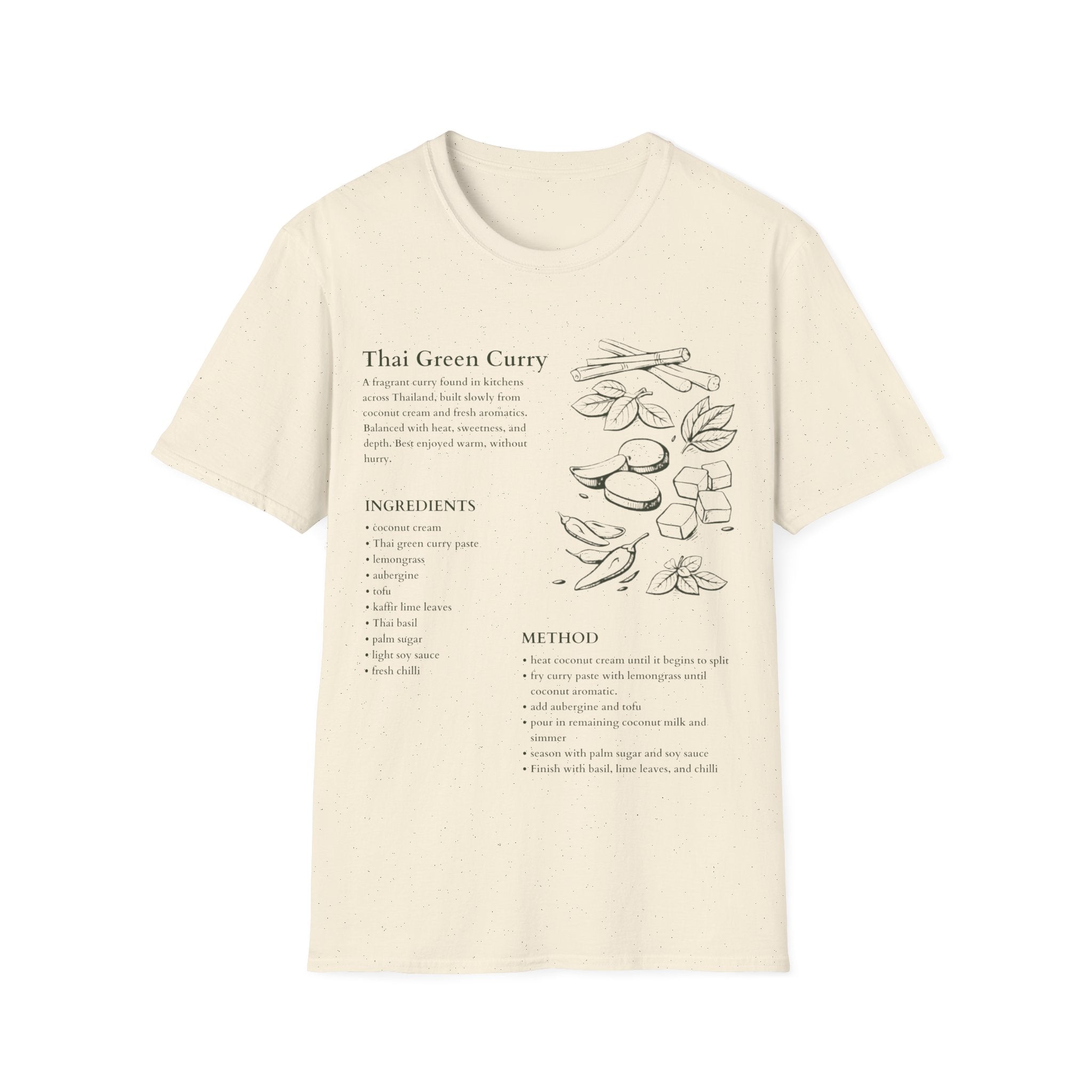 Beige Gildan 64000 T-shirt with Thai green curry recipe graphic, hand-drawn ingredients, method notes and spice sketch artwork.