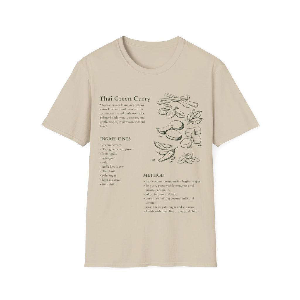 Natural Beige Gildan 64000 T-shirt with Thai green curry recipe graphic, hand-drawn ingredients, method notes and spice sketch artwork.