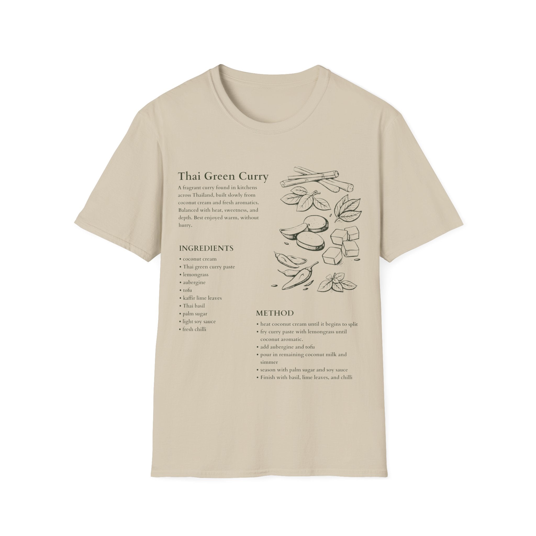 Natural Beige Gildan 64000 T-shirt with Thai green curry recipe graphic, hand-drawn ingredients, method notes and spice sketch artwork.