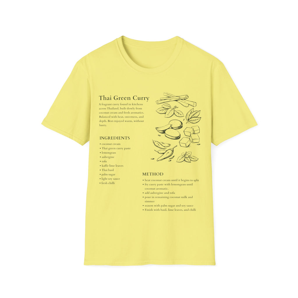 Cornsilk Yellow  Gildan 64000 T-shirt with Thai green curry recipe graphic, hand-drawn ingredients, method notes and spice sketch artwork.
