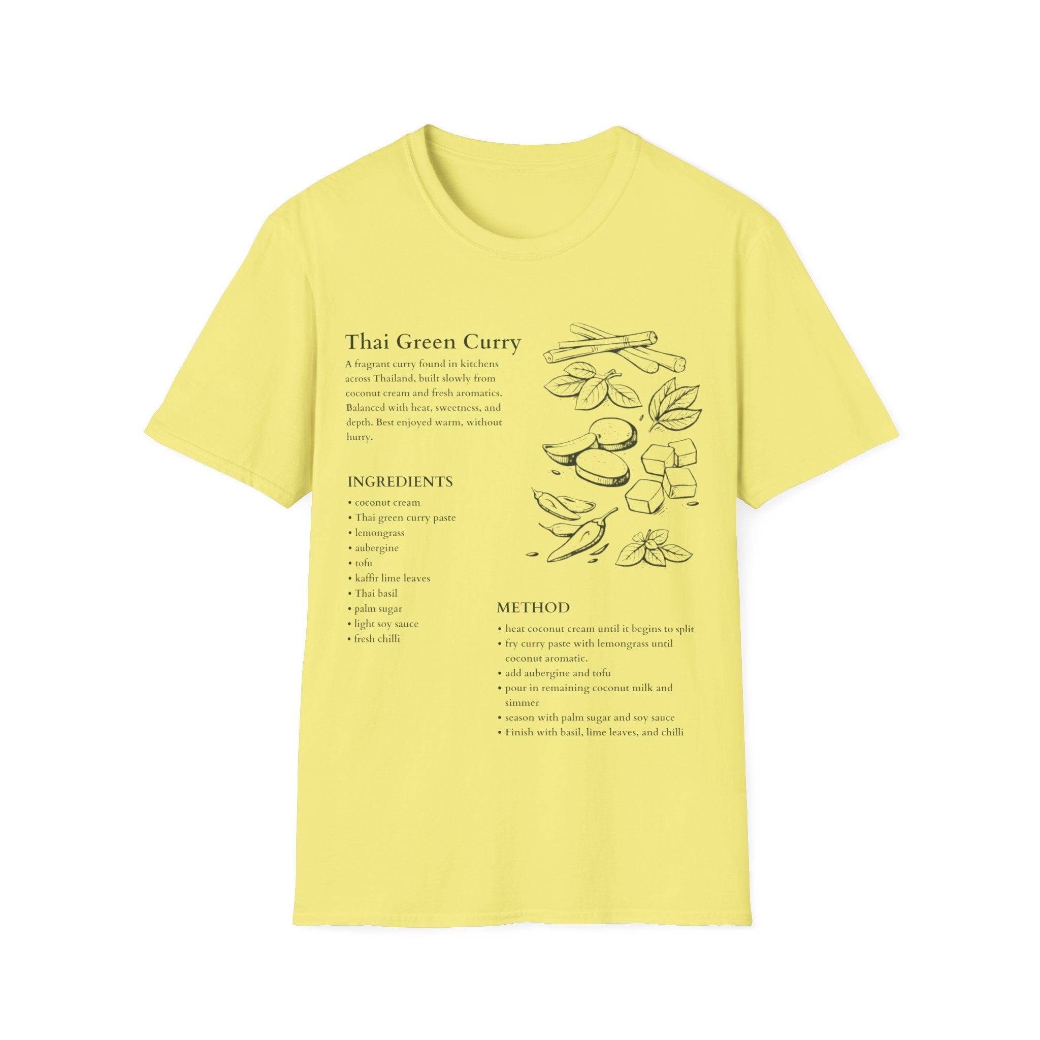 Cornsilk Yellow  Gildan 64000 T-shirt with Thai green curry recipe graphic, hand-drawn ingredients, method notes and spice sketch artwork.