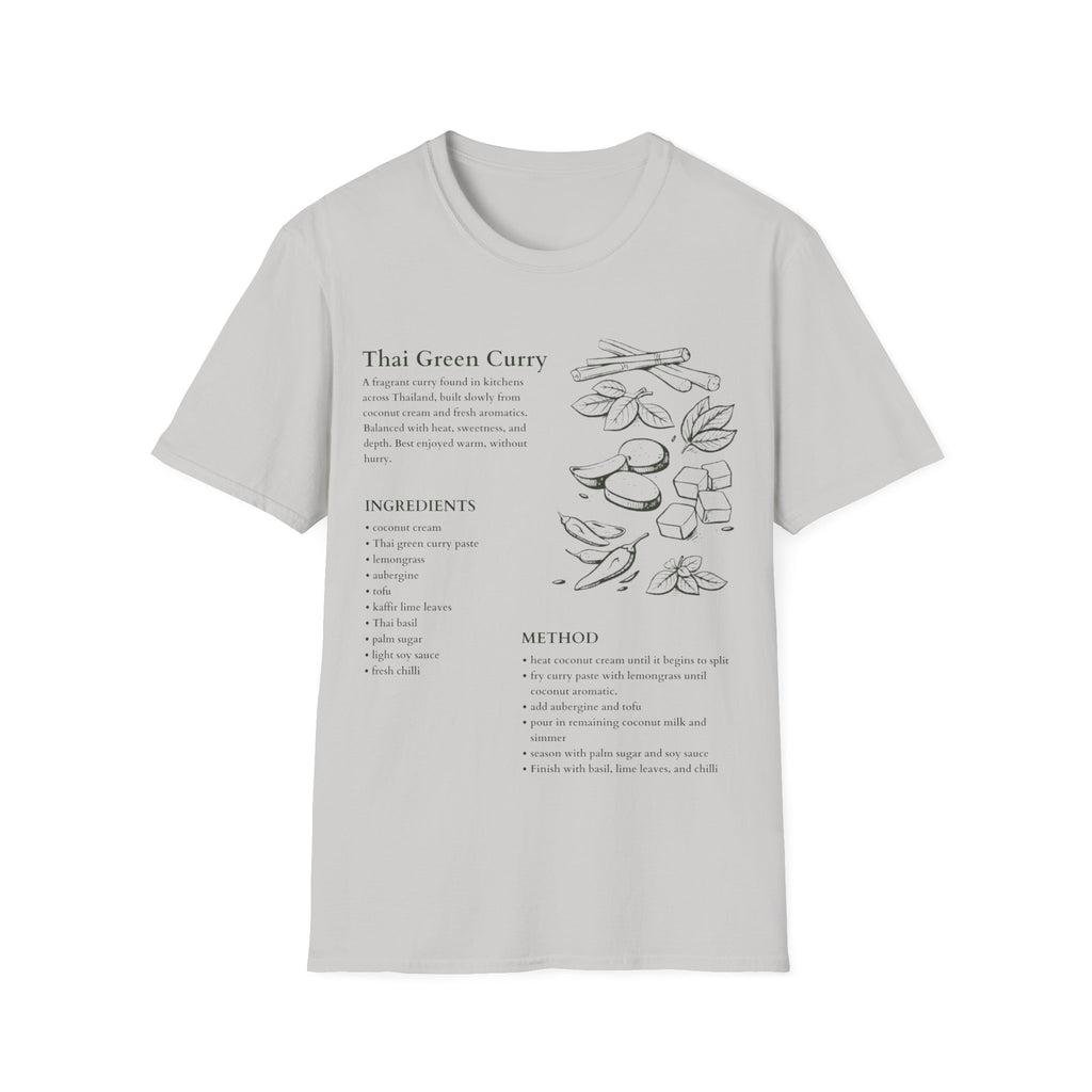 Ice Grey Gildan 64000 T-shirt with Thai green curry recipe graphic, hand-drawn ingredients, method notes and spice sketch artwork.