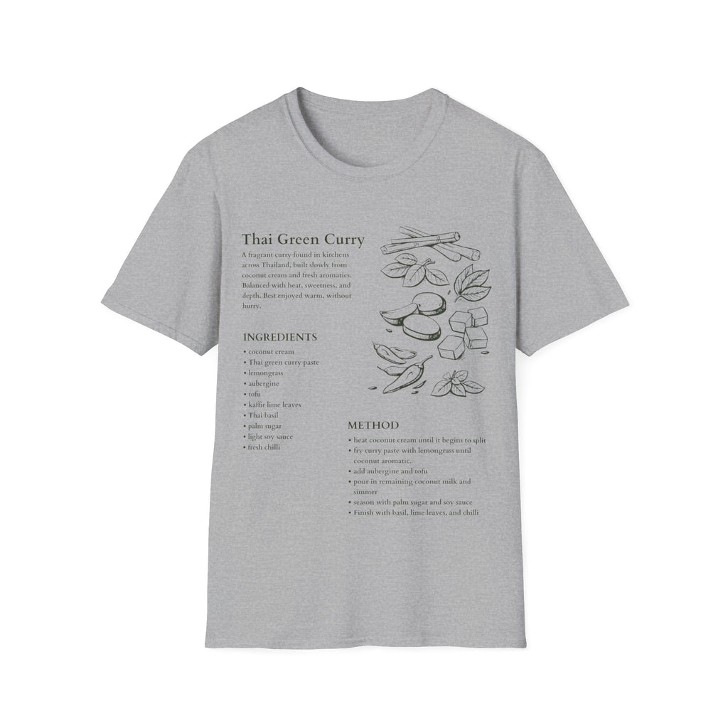 Sports Grey Gildan 64000 T-shirt with Thai green curry recipe graphic, hand-drawn ingredients, method notes and spice sketch artwork.