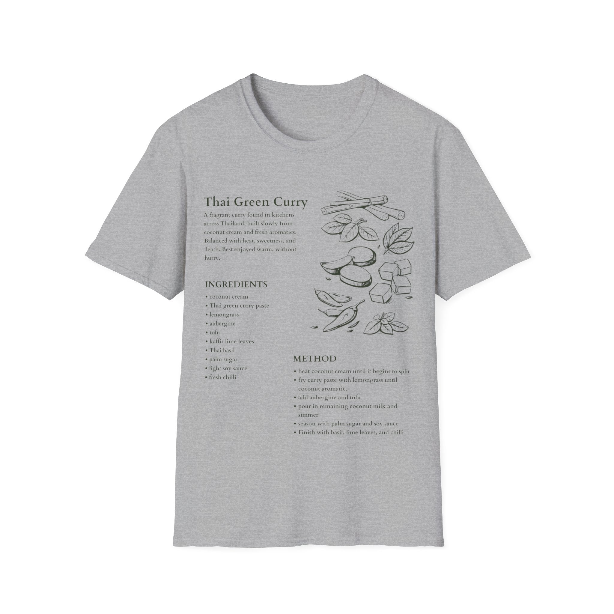 Sports Grey Gildan 64000 T-shirt with Thai green curry recipe graphic, hand-drawn ingredients, method notes and spice sketch artwork.
