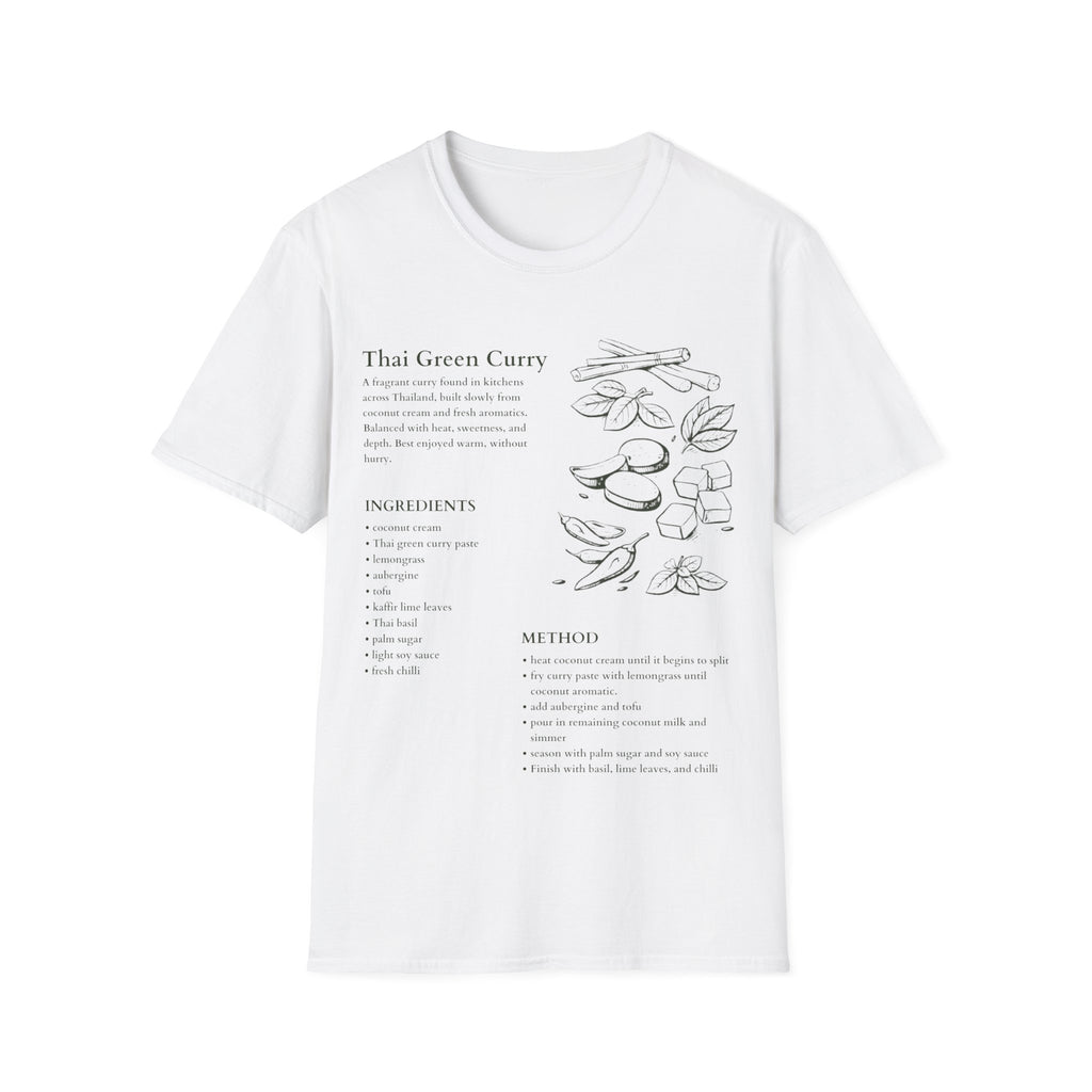 White Gildan 64000 T-shirt with Thai green curry recipe graphic, hand-drawn ingredients, method notes and spice sketch artwork.