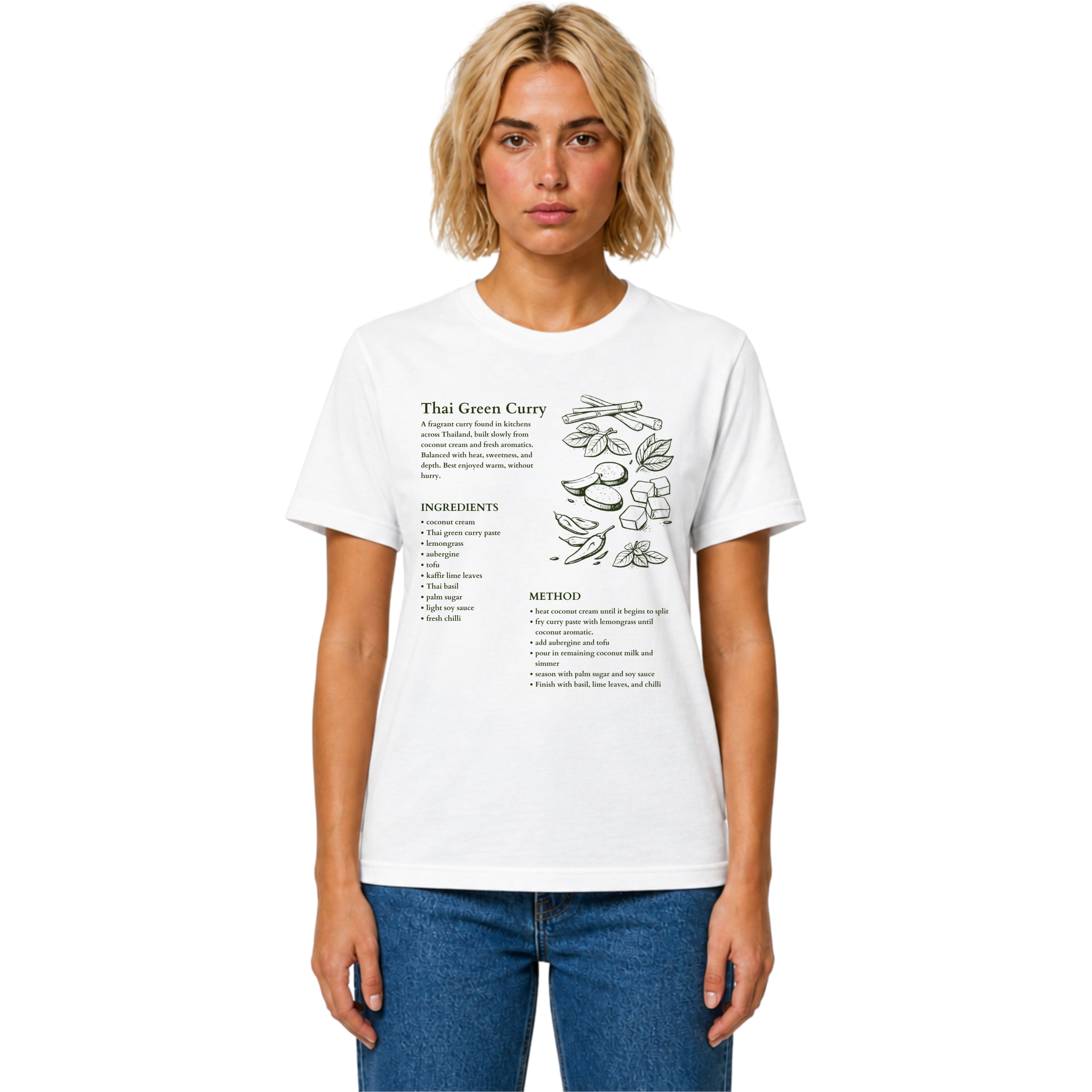 White Gildan 64000 T-shirt with Thai green curry recipe graphic, hand-drawn ingredients, method notes and spice sketch artwork.