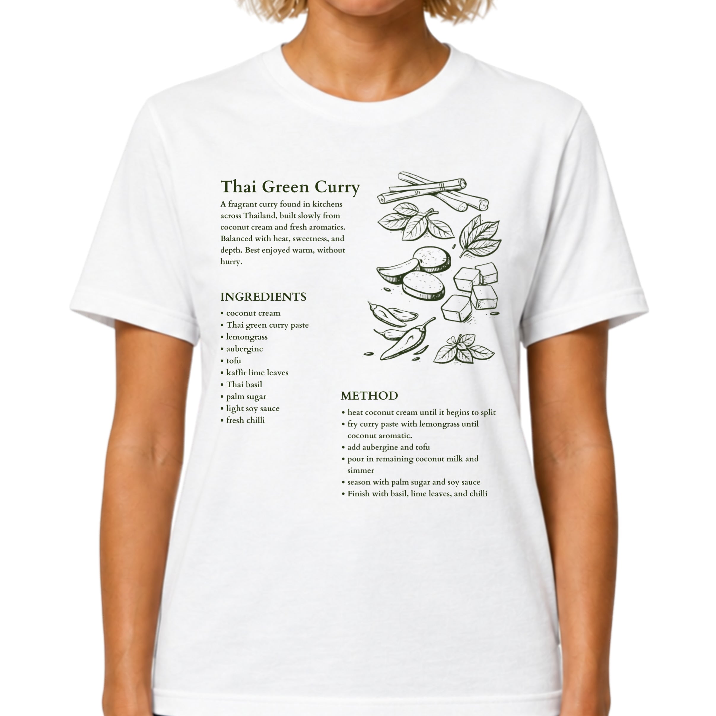 White Gildan 64000 T-shirt with Thai green curry recipe graphic, hand-drawn ingredients, method notes and spice sketch artwork.