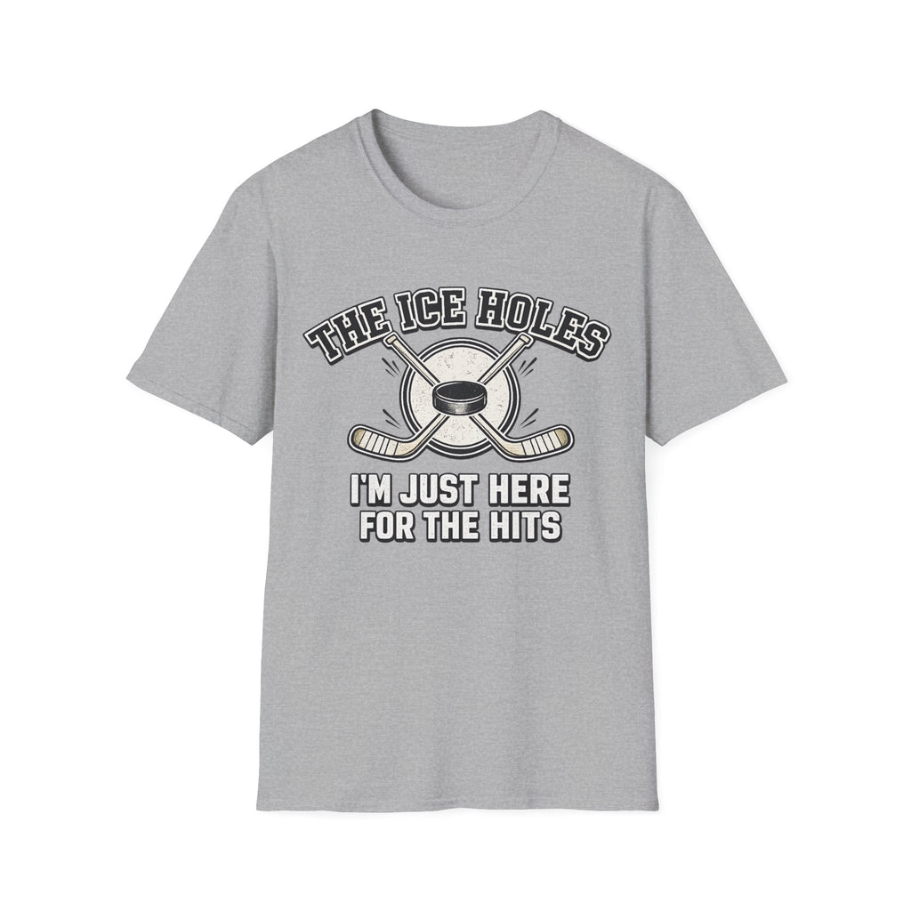 Sport grey Gildan 64000 T-shirt with The Ice Holes funny hockey graphic, crossed sticks and puck artwork.