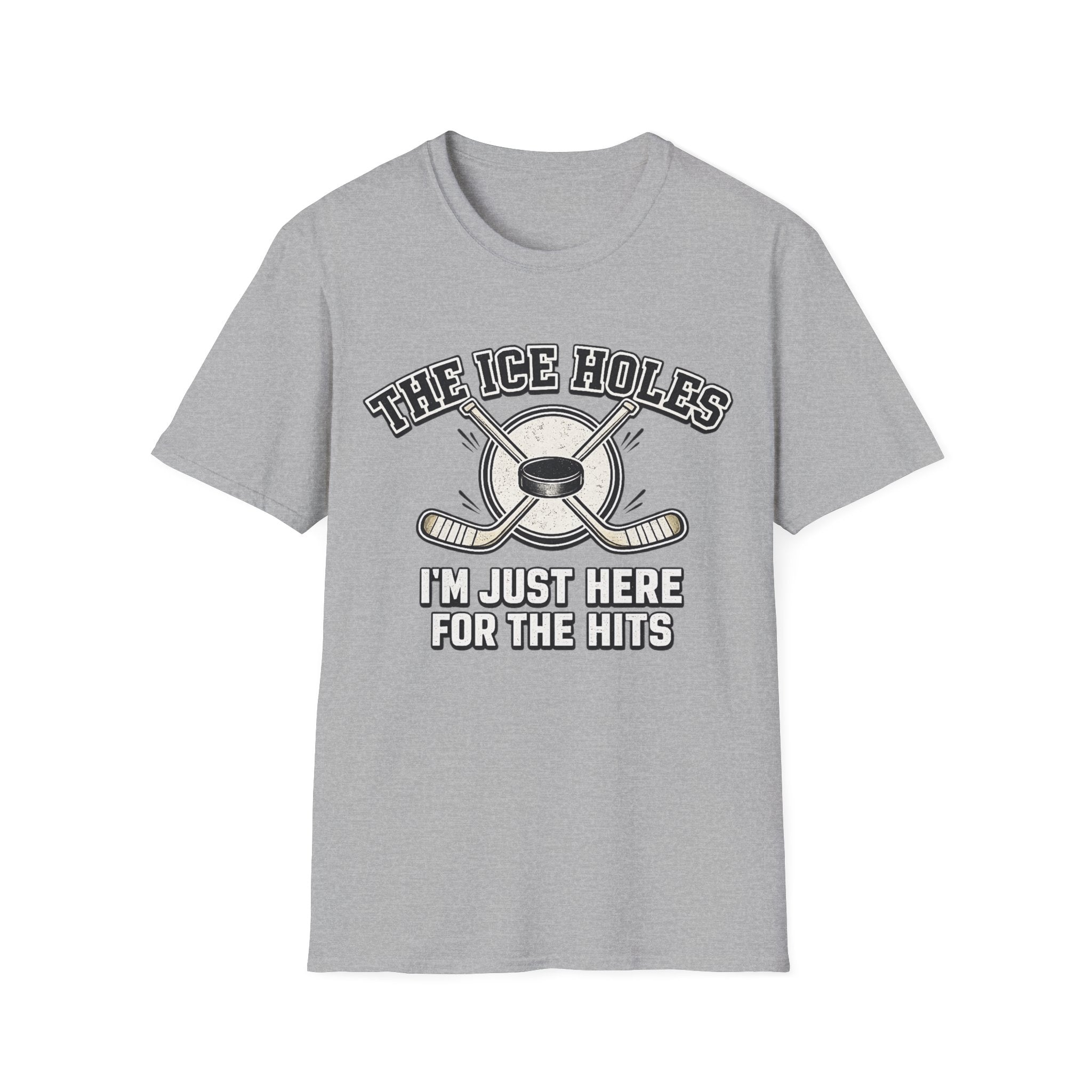 Sport grey Gildan 64000 T-shirt with The Ice Holes funny hockey graphic, crossed sticks and puck artwork.